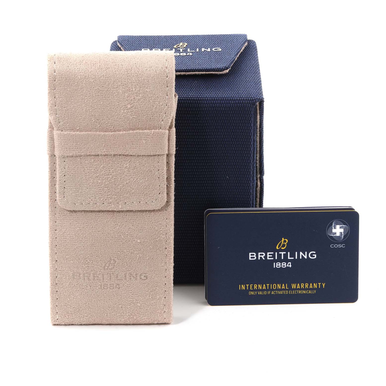 This image shows the packaging, case, and warranty card for a Breitling Navitimer AB0121 Men
s Stainless Steel Blue Dial AB0121 Men
s Stainless Steel Blue Dial watch.