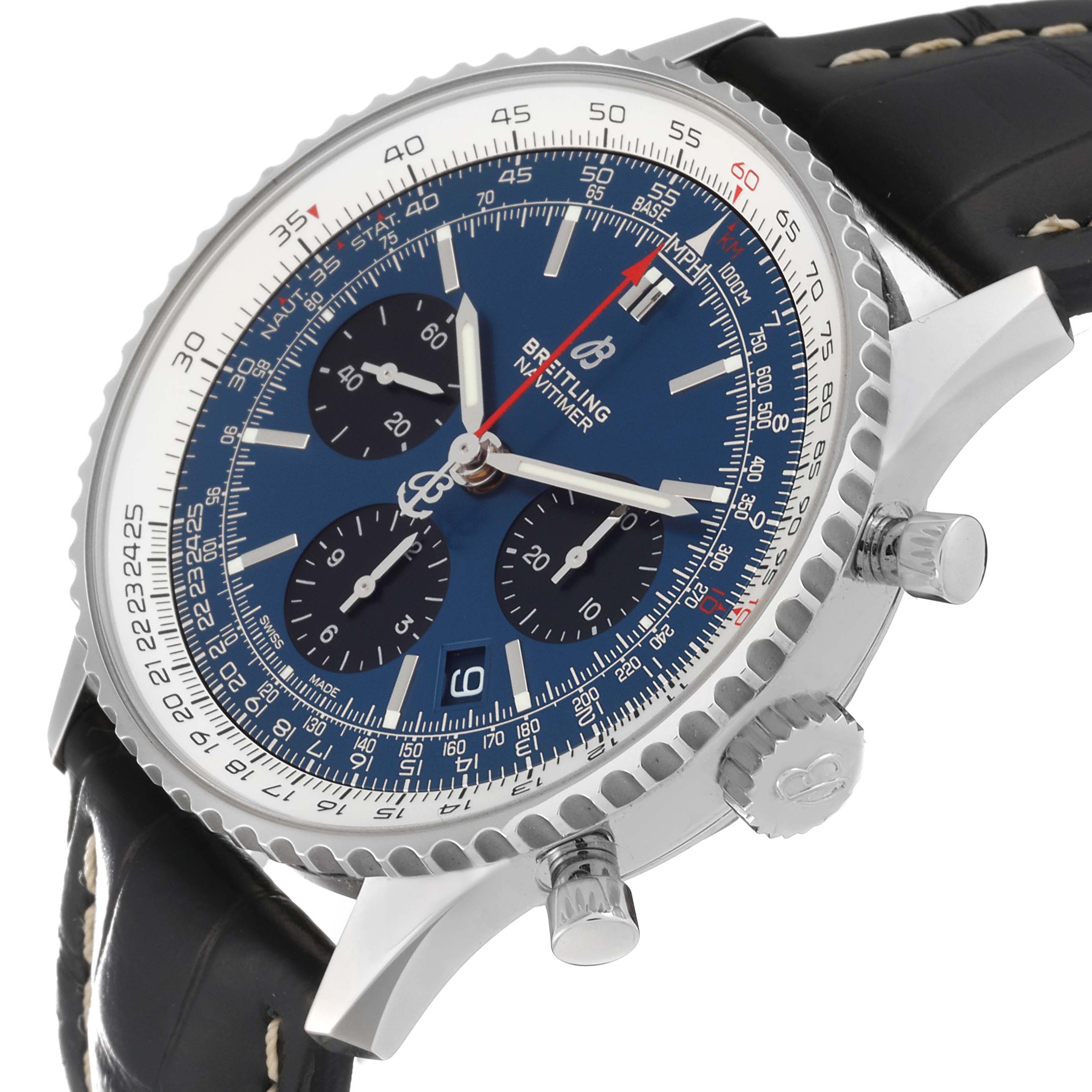 The image shows a side angle of the Breitling Navitimer AB0121 Men
s Stainless Steel Blue Dial AB0121 Men
s Stainless Steel Blue Dial watch, displaying its dial, bezel, pushers, crown, and strap.
