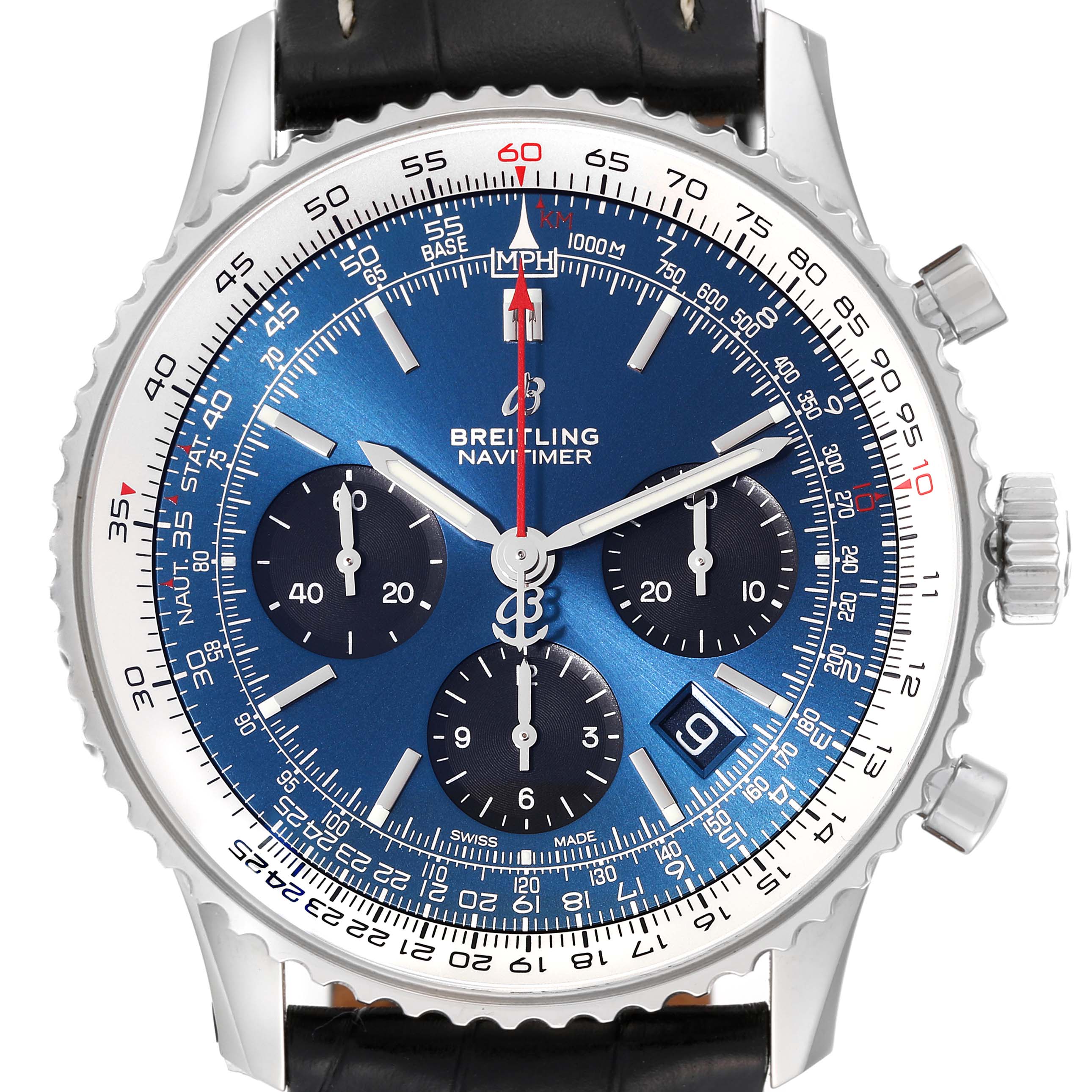 The image displays a frontal view of the Breitling Navitimer AB0121 Men
s Stainless Steel Blue Dial AB0121 Men
s Stainless Steel Blue Dial watch, featuring its blue dial, chronograph sub-dials, and bezel.