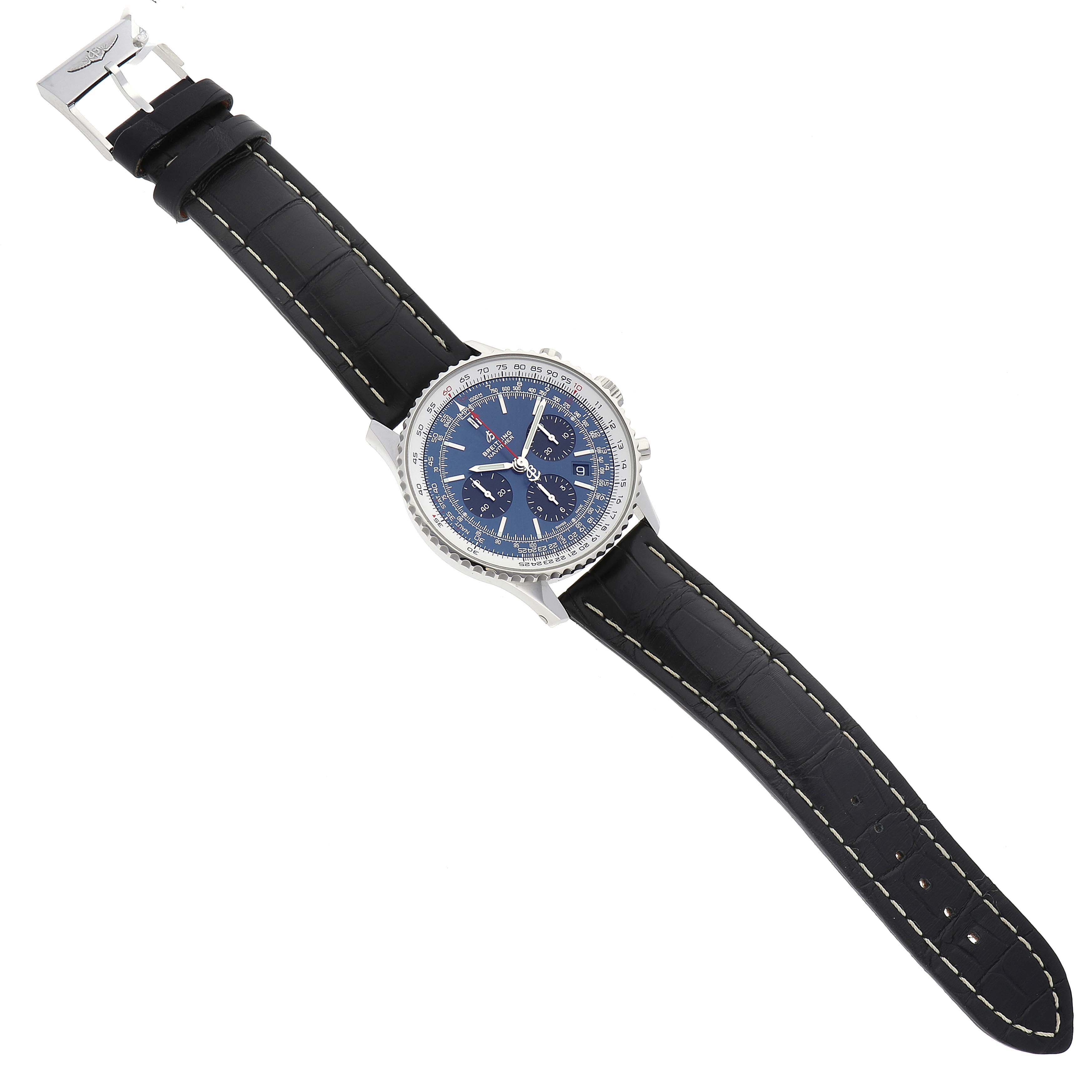 The image shows a top-down view of the Breitling Navitimer AB0121 Men
s Stainless Steel Blue Dial AB0121 Men
s Stainless Steel Blue Dial watch with a blue dial and black leather strap.