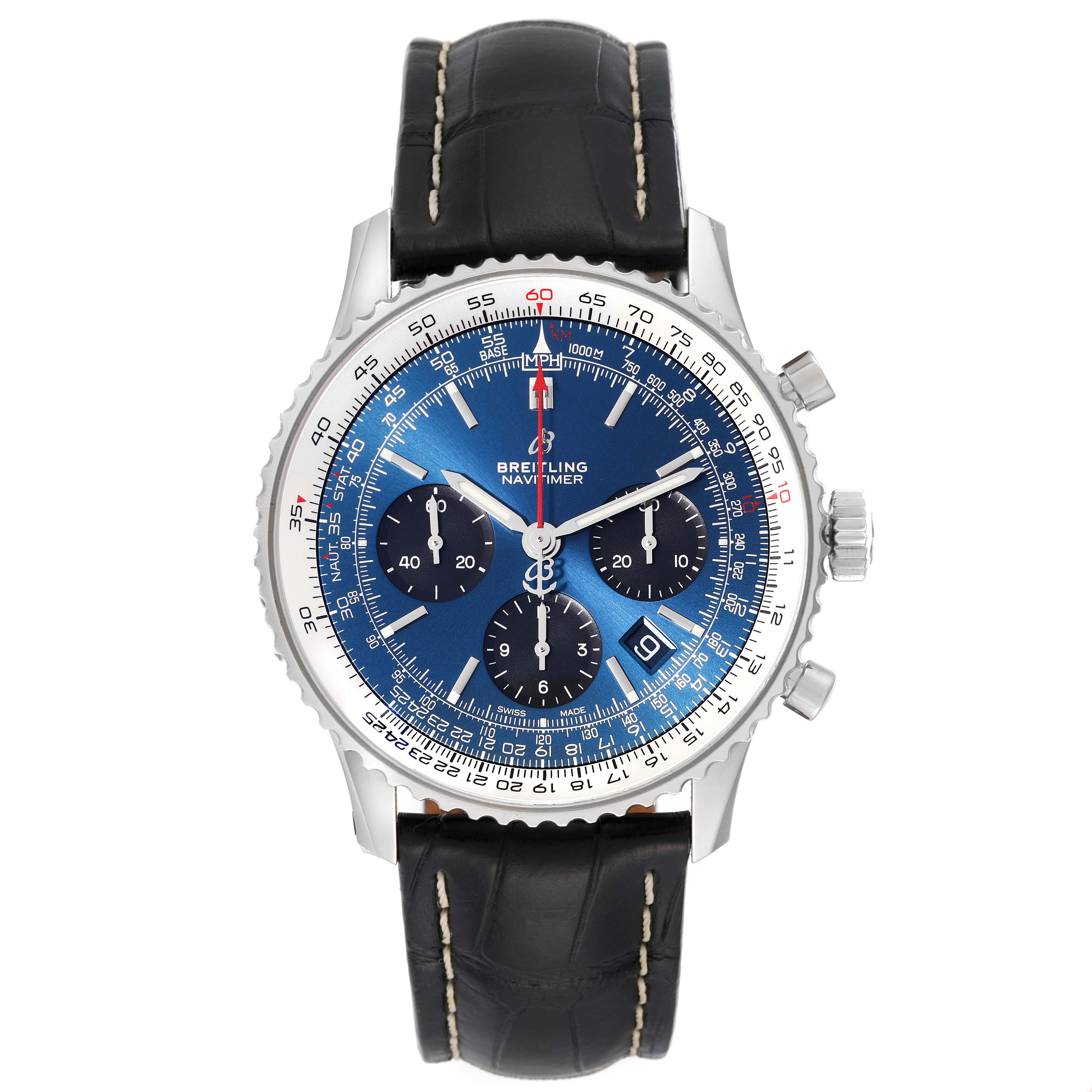 This image shows a front view of the Breitling Navitimer AB0121 Men
s Stainless Steel Blue Dial AB0121 Men
s Stainless Steel Blue Dial watch, displaying its dial, bezel, hands, subdials, and leather strap.