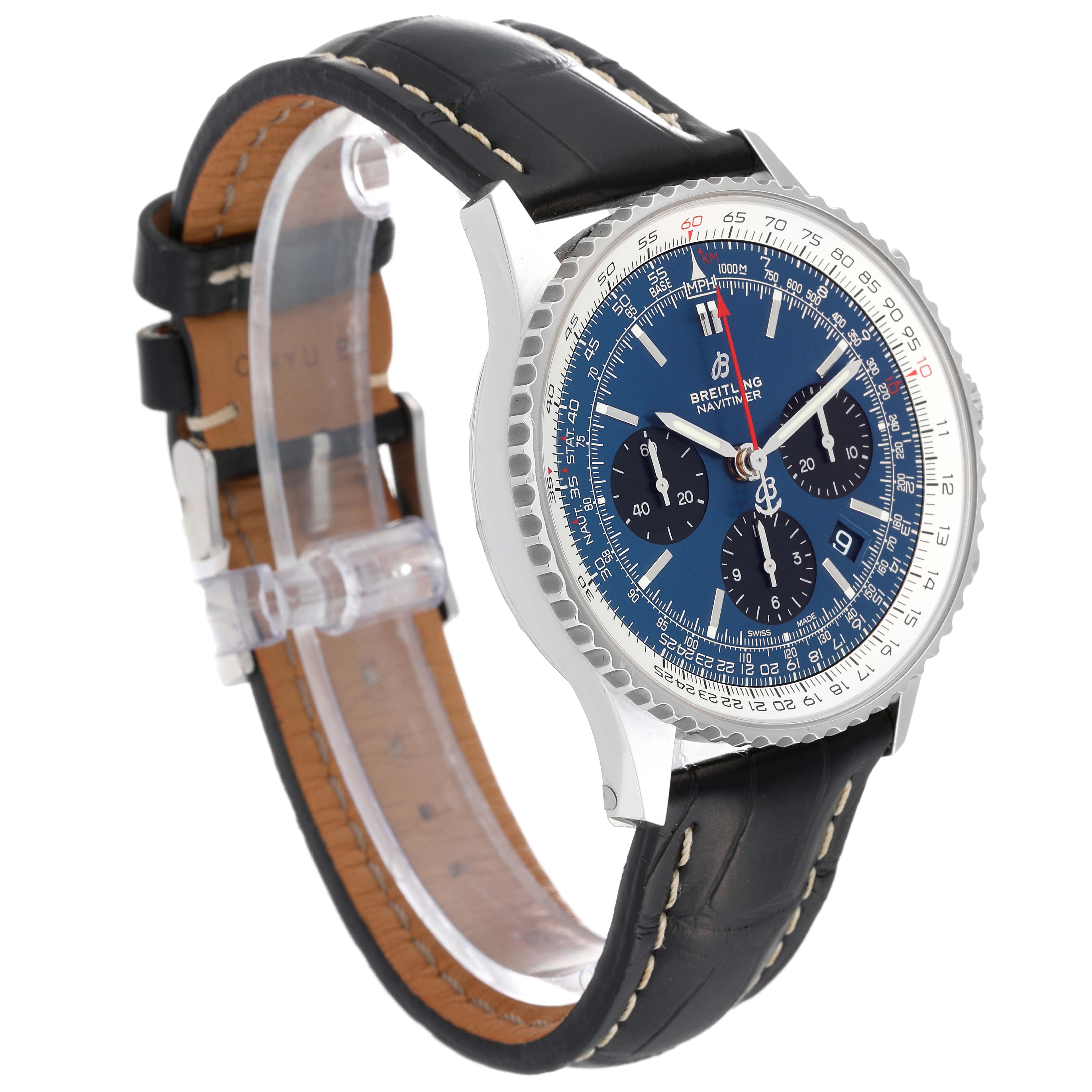 The Breitling Navitimer AB0121 Men
s Stainless Steel Blue Dial AB0121 Men
s Stainless Steel Blue Dial watch is shown at a slight angle, displaying the blue dial, chronograph subdials, and black leather strap.