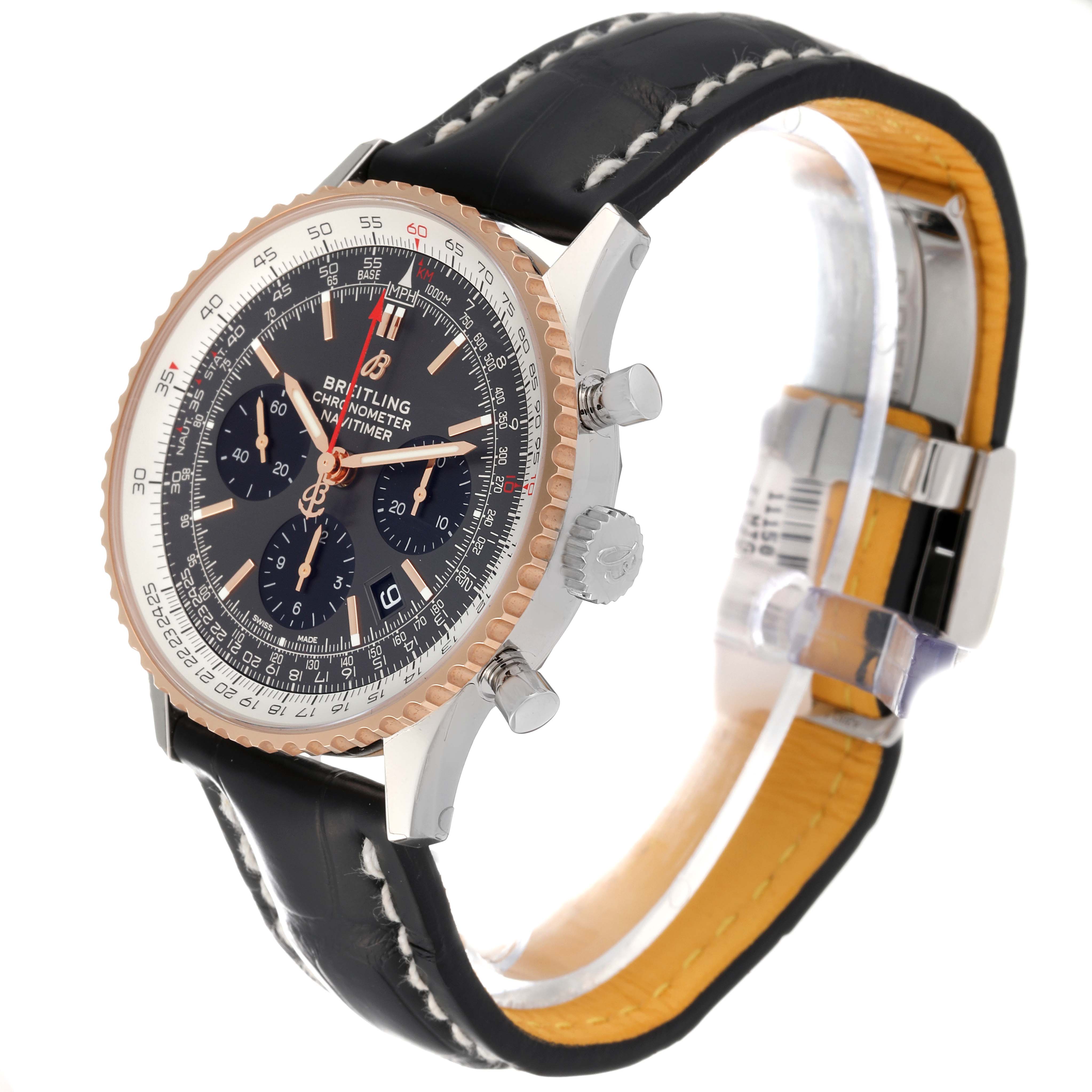 The Breitling Navitimer UB0121 Men's Steel and Gold (two tone) Grey Dial UB0121 Men's Steel and Gold (two tone) Grey Dial watch is shown at a slight angle displaying its face, side buttons, crown, and leather strap.