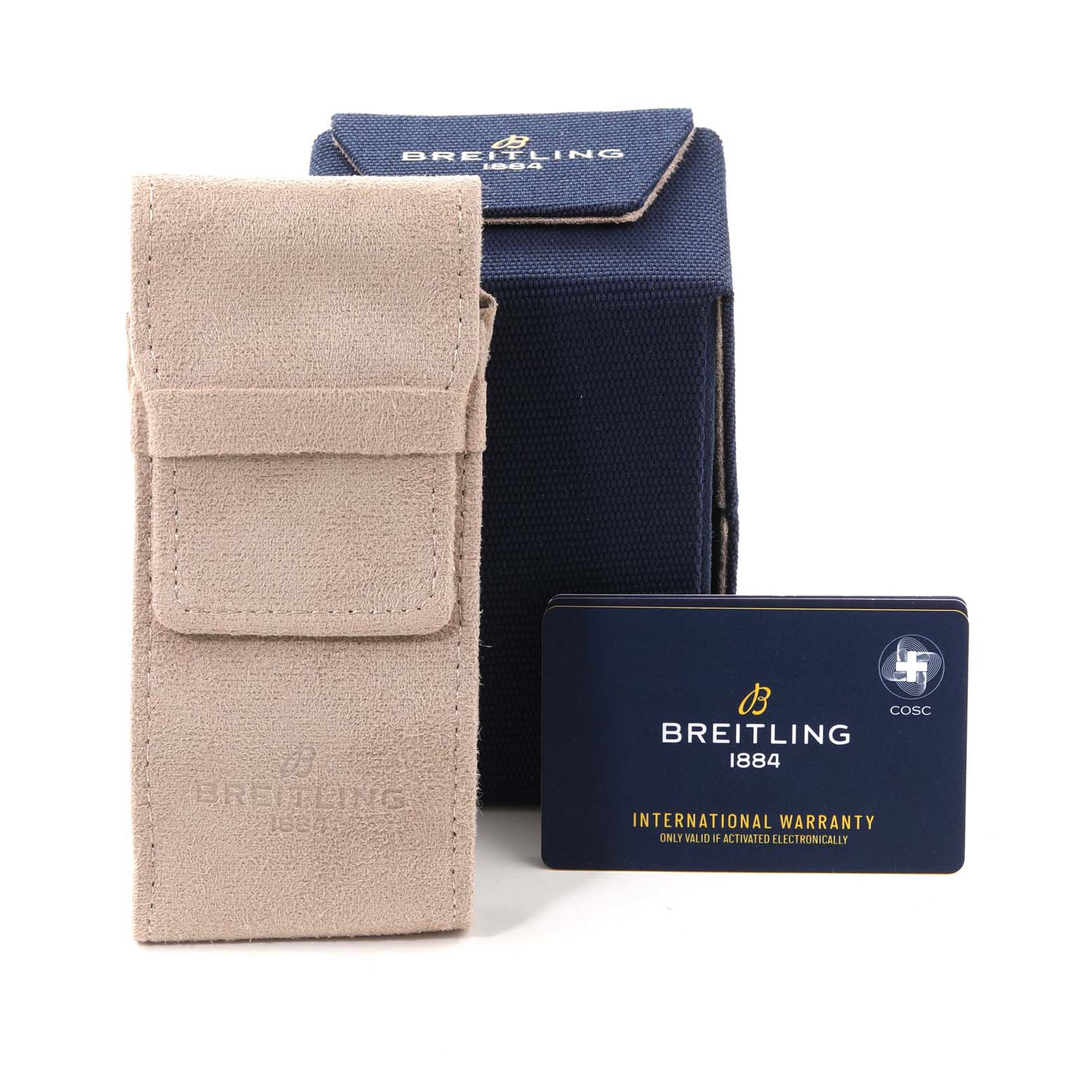 This image shows the watch case, travel pouch, and international warranty card for a Breitling Navitimer UB0121 Men's Steel and Gold (two tone) Grey Dial UB0121 Men's Steel and Gold (two tone) Grey Dial.