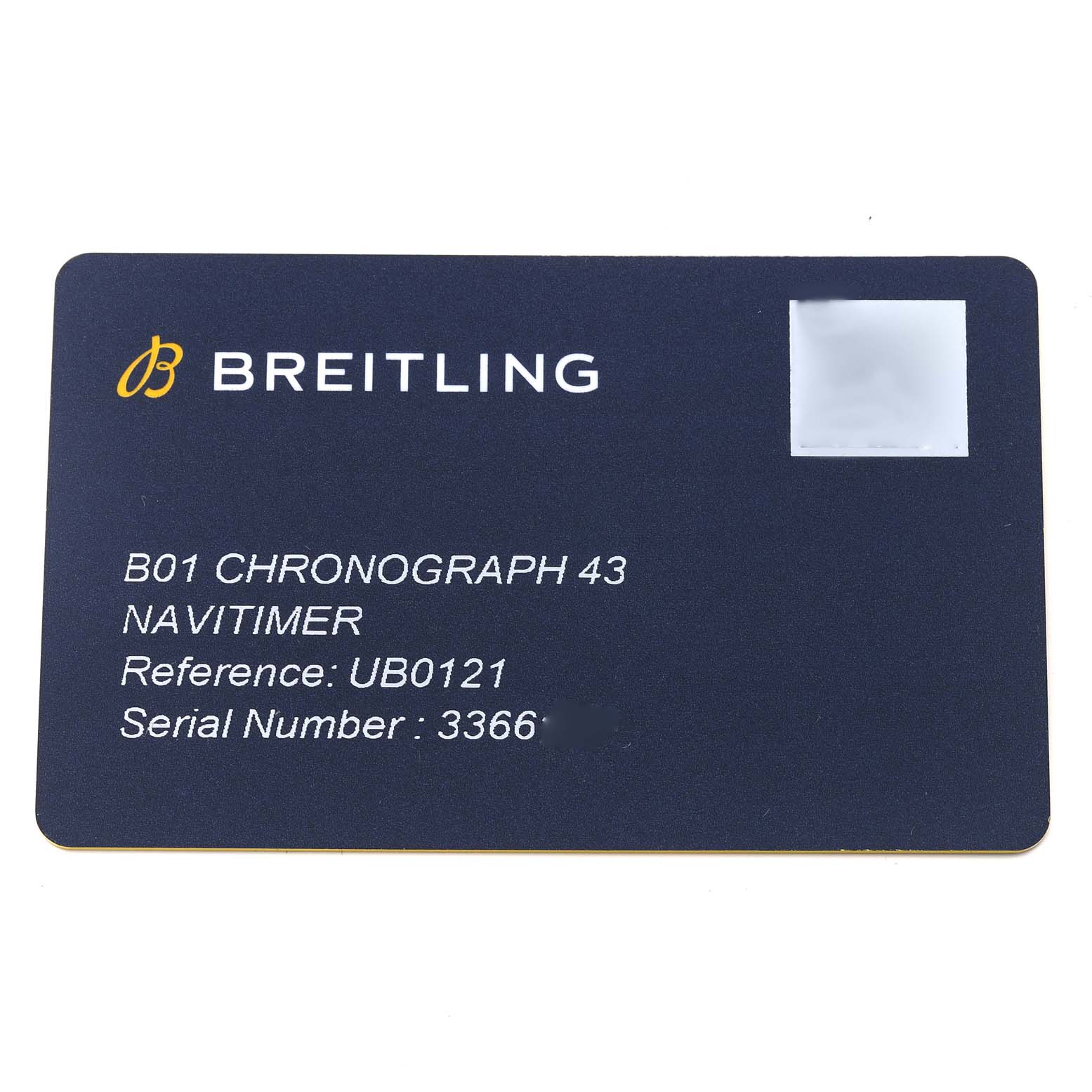 This is a warranty card for the Breitling Navitimer UB0121 Men's Steel and Gold (two tone) Grey Dial UB0121 Men's Steel and Gold (two tone) Grey Dial B01 Chronograph 43, showing the model, reference, and serial number.