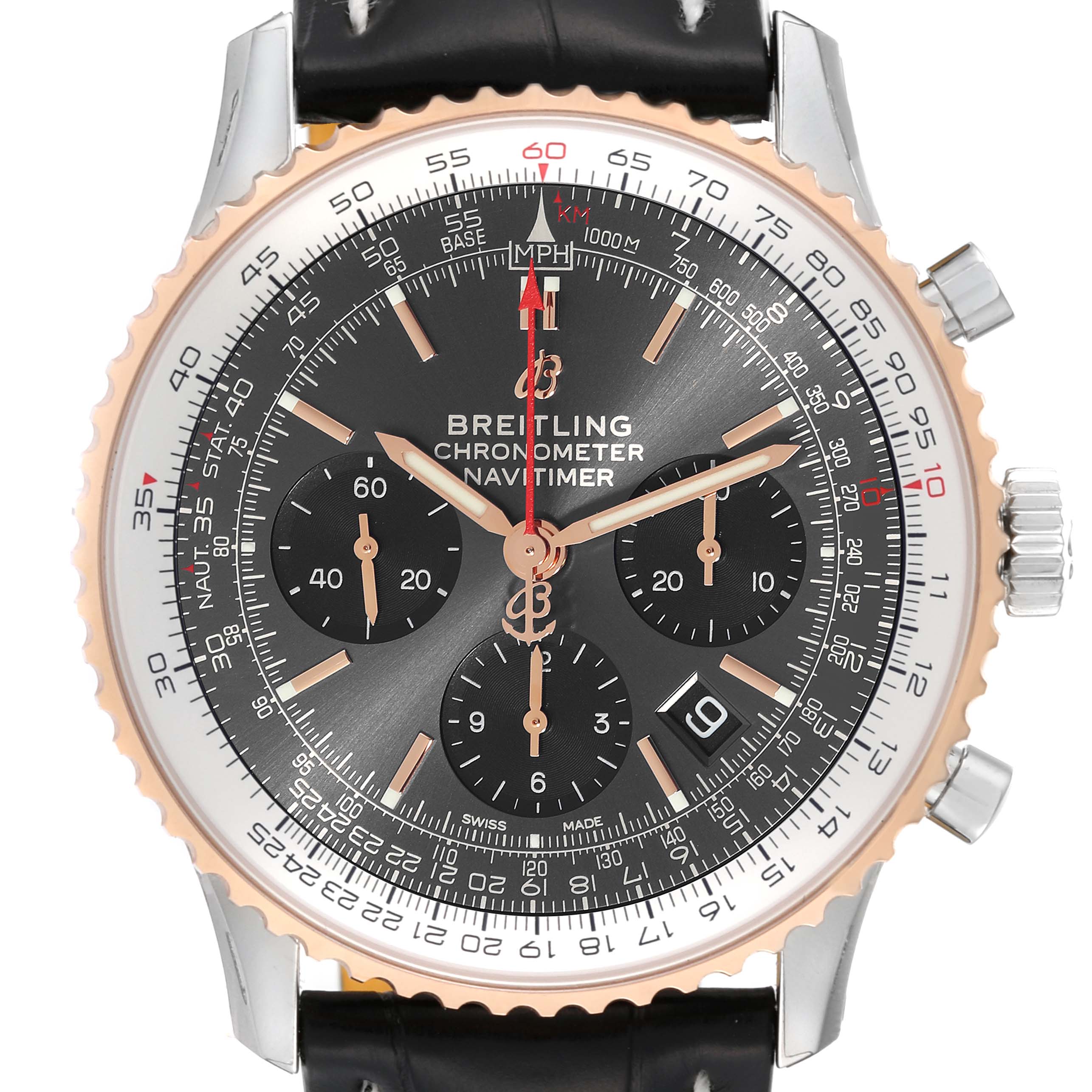 This Breitling Navitimer UB0121 Men's Steel and Gold (two tone) Grey Dial UB0121 Men's Steel and Gold (two tone) Grey Dial watch is shown from a front angle, displaying its dial, bezel, chronograph subdials, and leather strap.