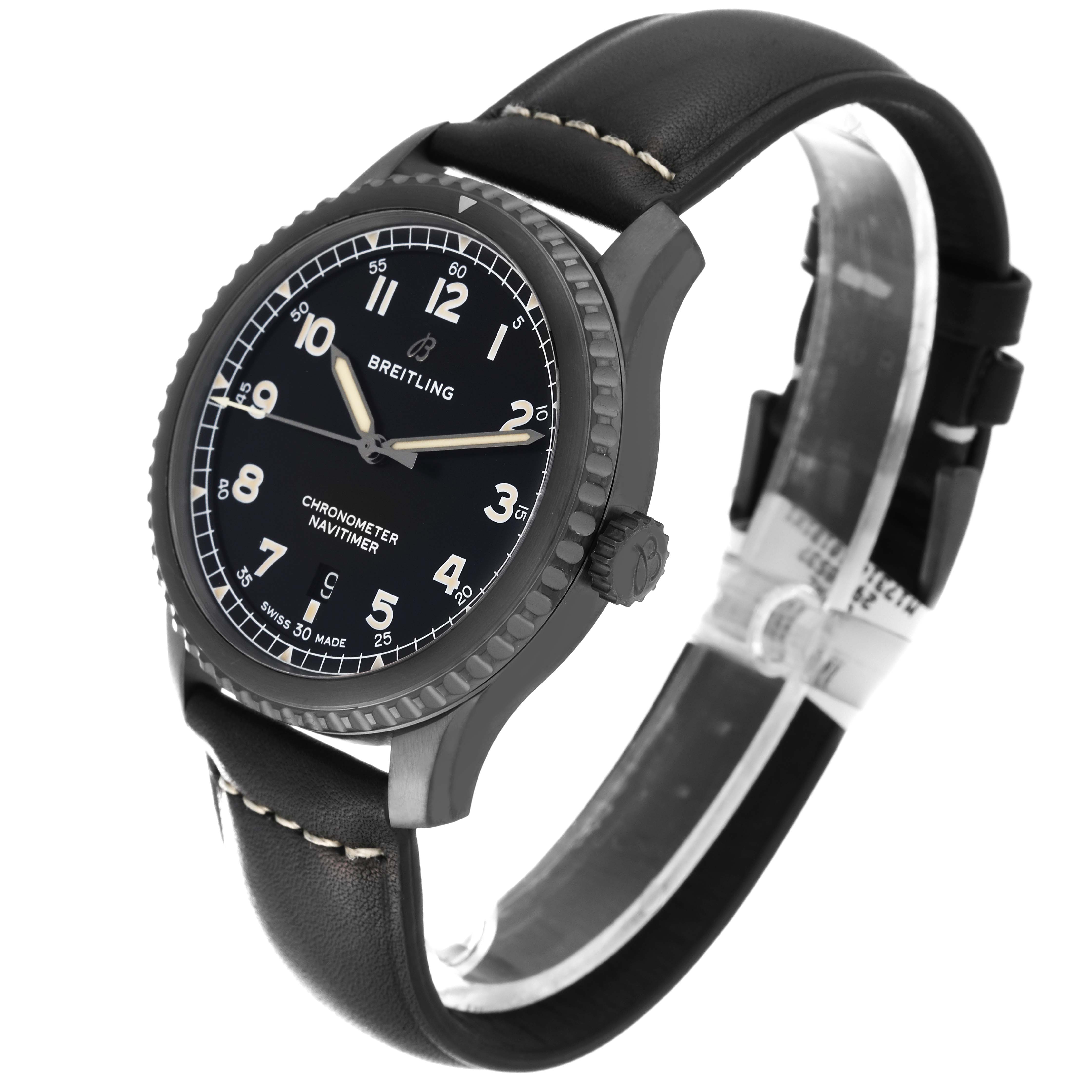 The Breitling Navitimer M17314 Men's Stainless Steel Black Dial M17314 Men's Stainless Steel Black Dial watch is shown at a slight angle, highlighting its face, crown, and leather strap.