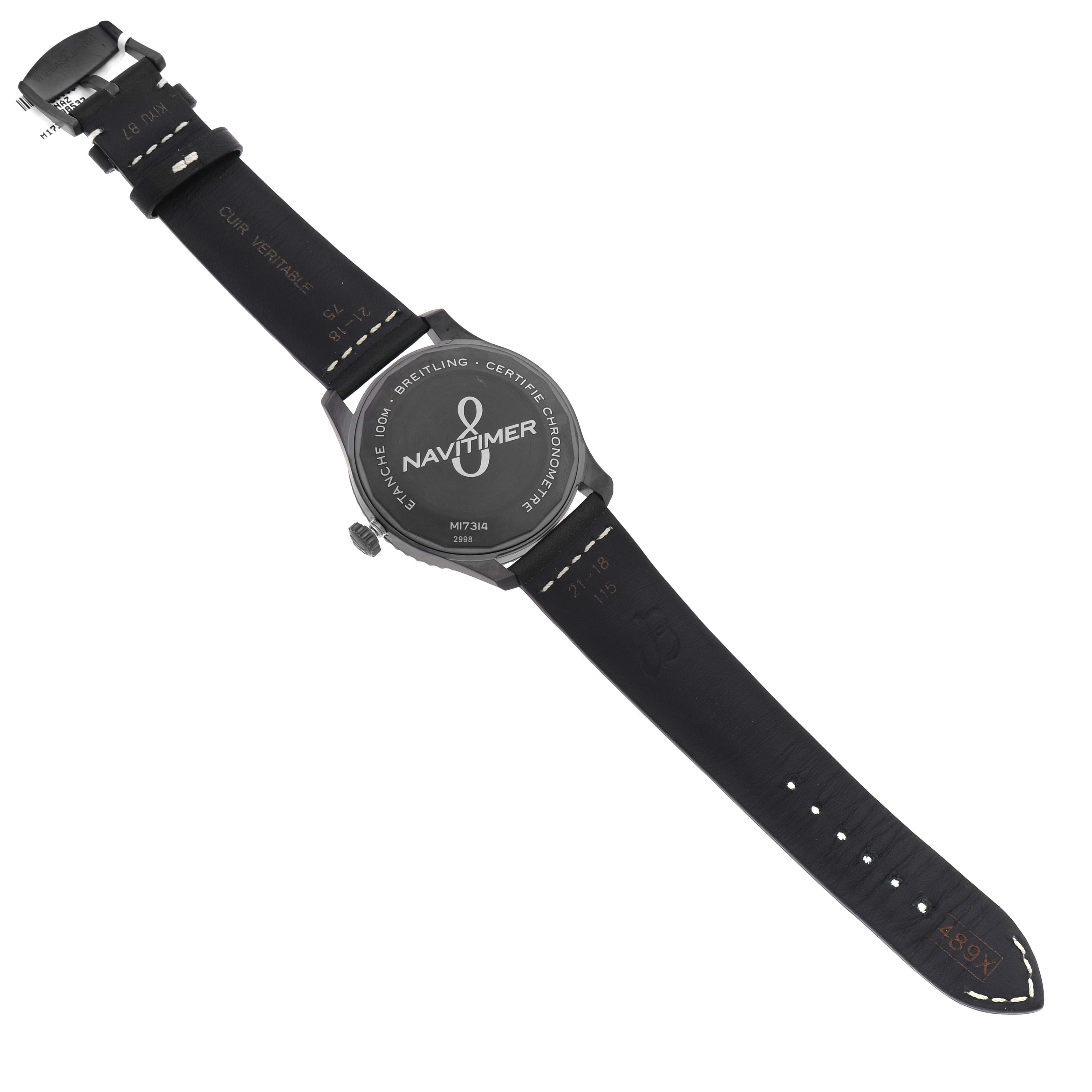 The image shows the back view of a Breitling Navitimer M17314 Men's Stainless Steel Black Dial M17314 Men's Stainless Steel Black Dial watch, displaying its case back and black leather strap.