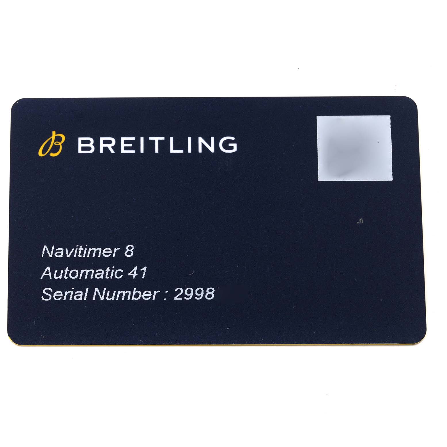The image shows a warranty card for a Breitling Navitimer M17314 Men's Stainless Steel Black Dial M17314 Men's Stainless Steel Black Dial 8 Automatic 41 with serial number 2998.
