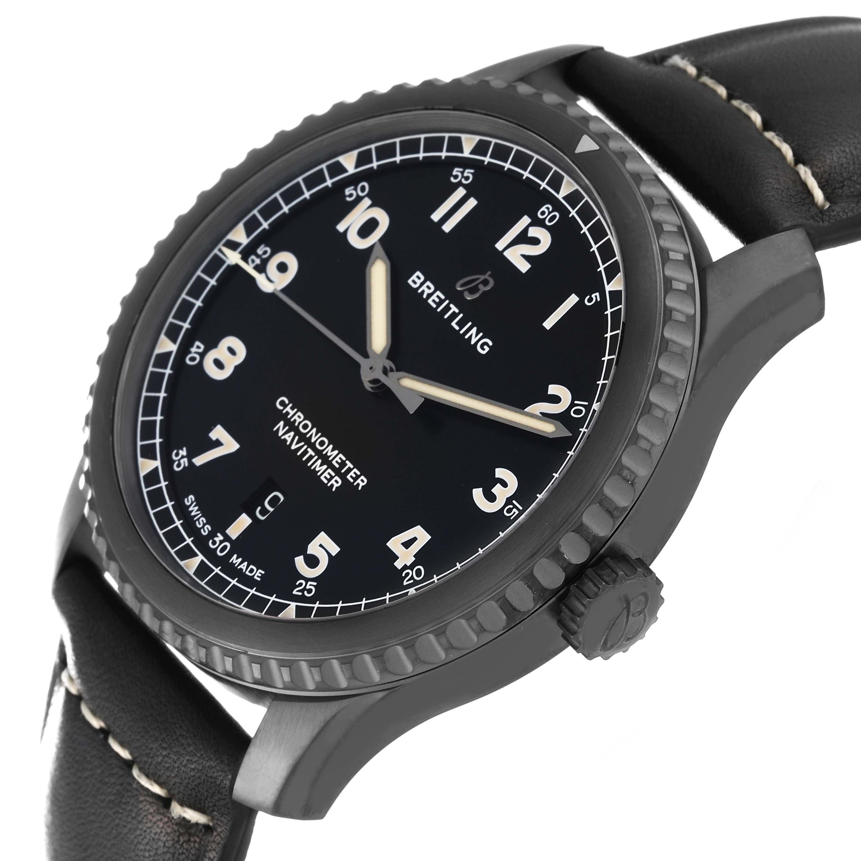 This image shows a Breitling Navitimer M17314 Men's Stainless Steel Black Dial M17314 Men's Stainless Steel Black Dial watch at an angle highlighting the face, bezel, crown, and part of the leather strap.