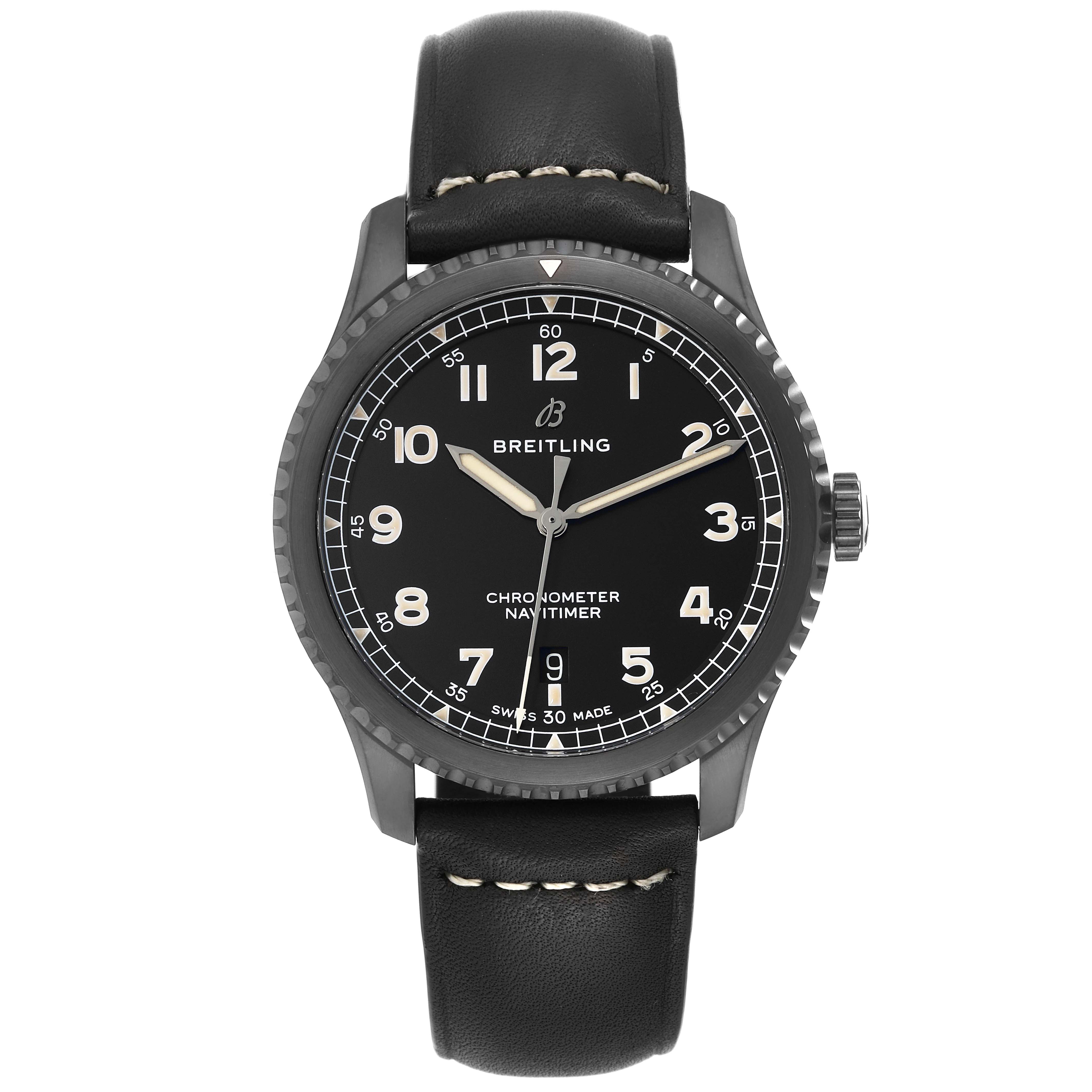 The image shows a front view of a Breitling Navitimer M17314 Men's Stainless Steel Black Dial M17314 Men's Stainless Steel Black Dial watch, featuring the dial, hands, case, crown, and leather strap.