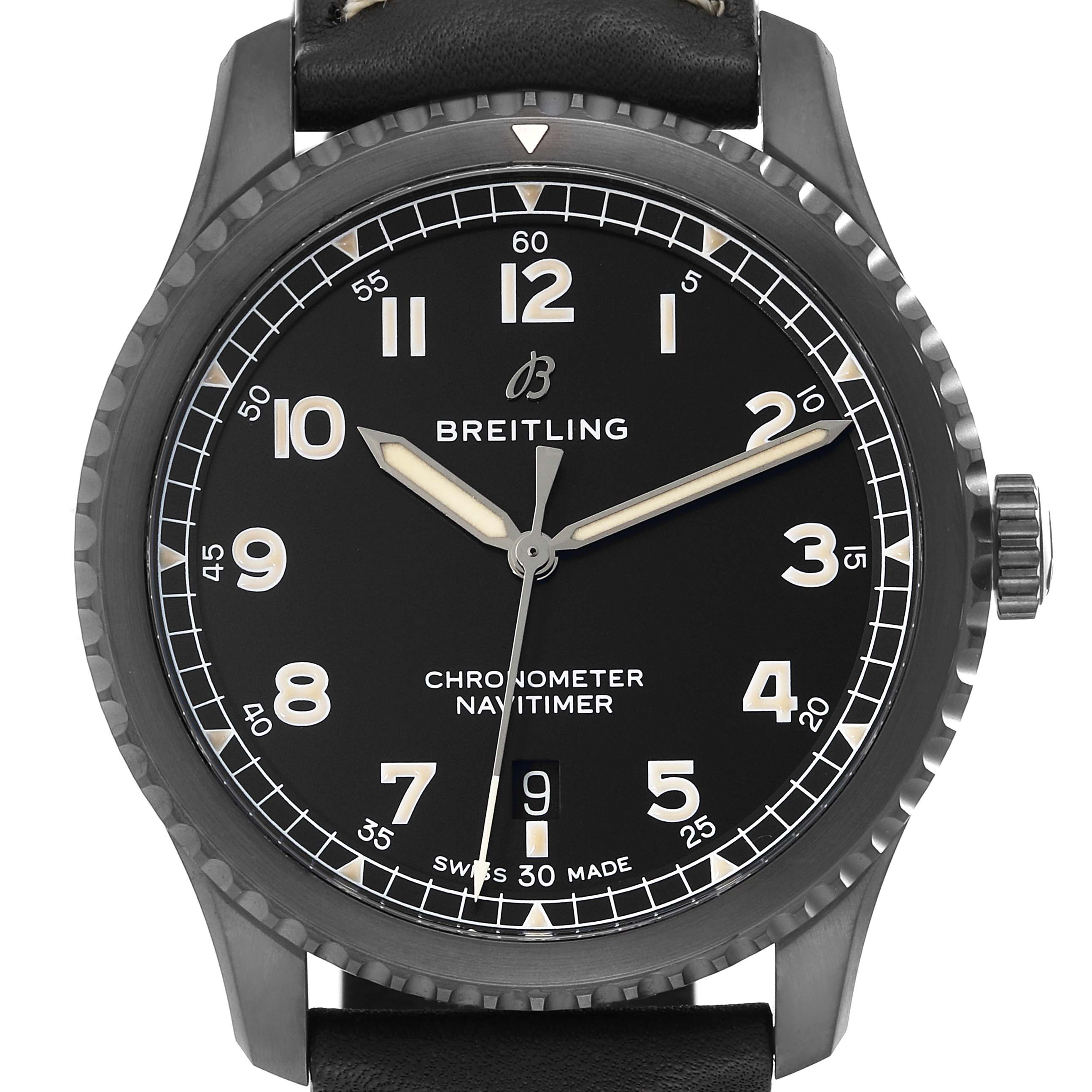 The image shows a Breitling Navitimer M17314 Men's Stainless Steel Black Dial M17314 Men's Stainless Steel Black Dial watch from a front angle, displaying the dial, hands, bezel, and part of the strap.
