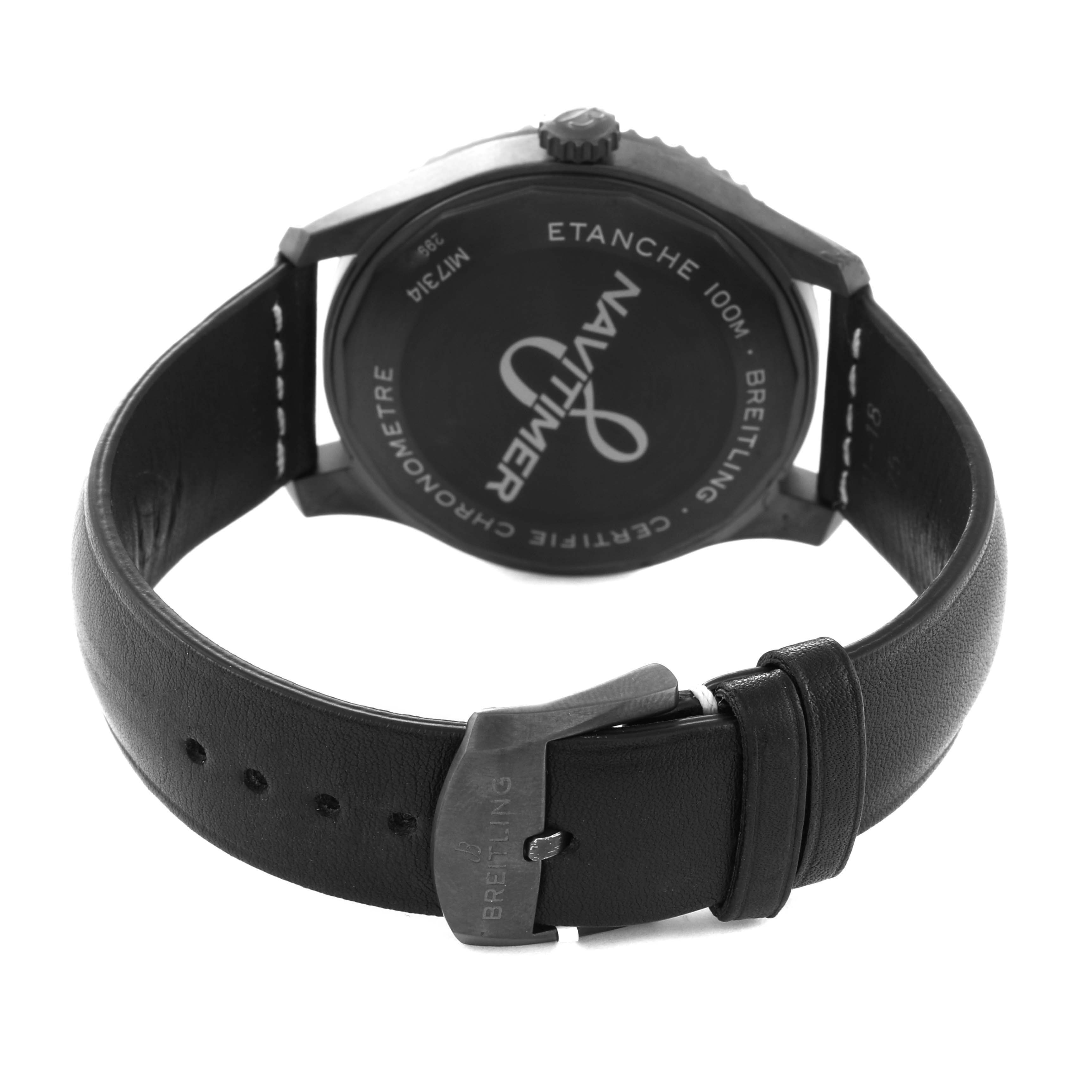 The image shows the back and strap of a Breitling Navitimer M17314 Men's Stainless Steel Black Dial M17314 Men's Stainless Steel Black Dial watch, highlighting the engraved case back and leather buckle clasp.