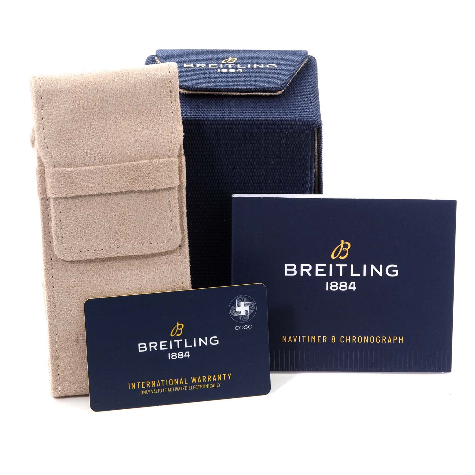 The image shows the Breitling Navitimer M17314 Men's Stainless Steel Black Dial M17314 Men's Stainless Steel Black Dial watch packaging, including a box, pouch, warranty card, and manual.