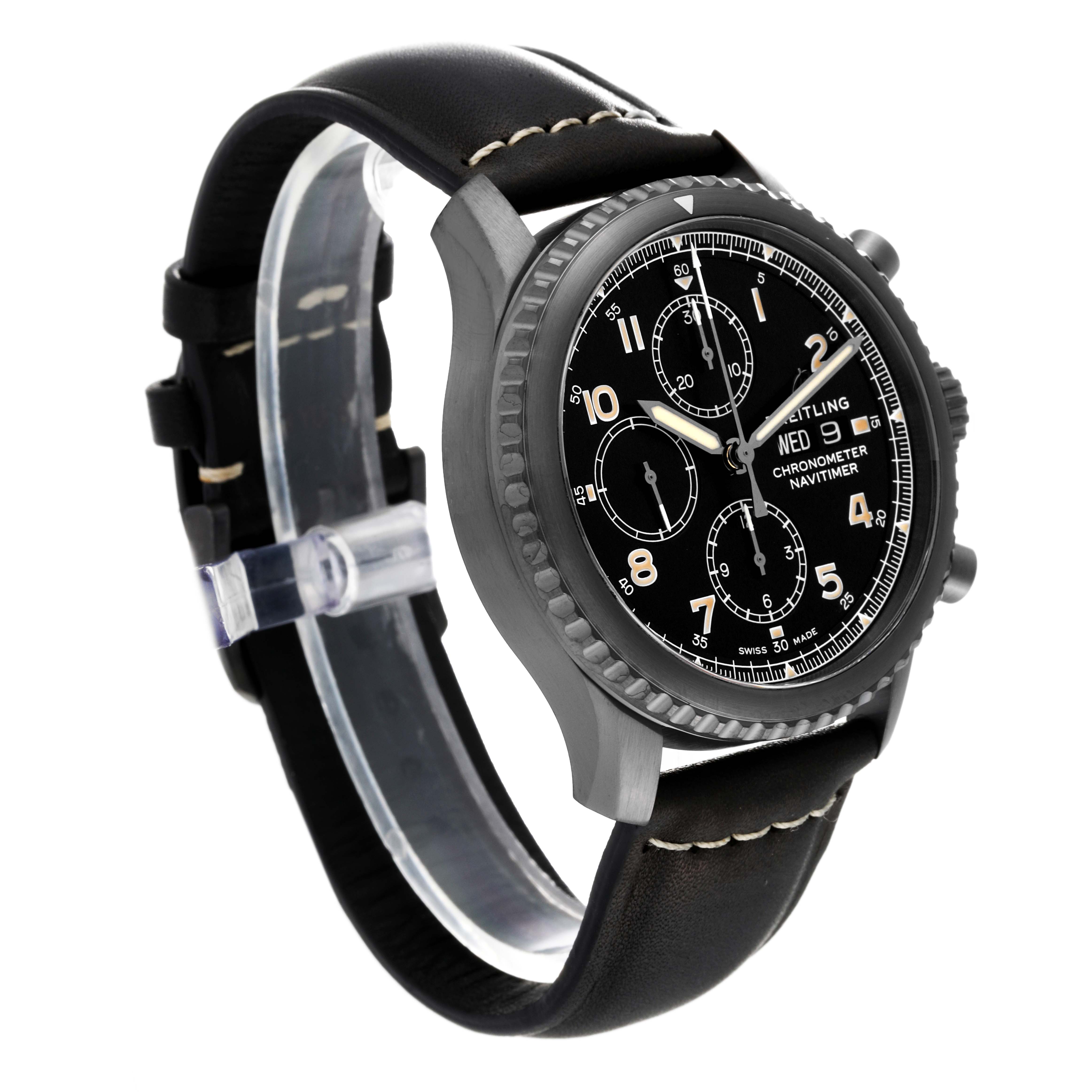 This image shows a Breitling Navitimer M13314 Men's Stainless Steel Black Dial M13314 Men's Stainless Steel Black Dial model watch from a front-side angle, highlighting the face, bezel, and leather strap.