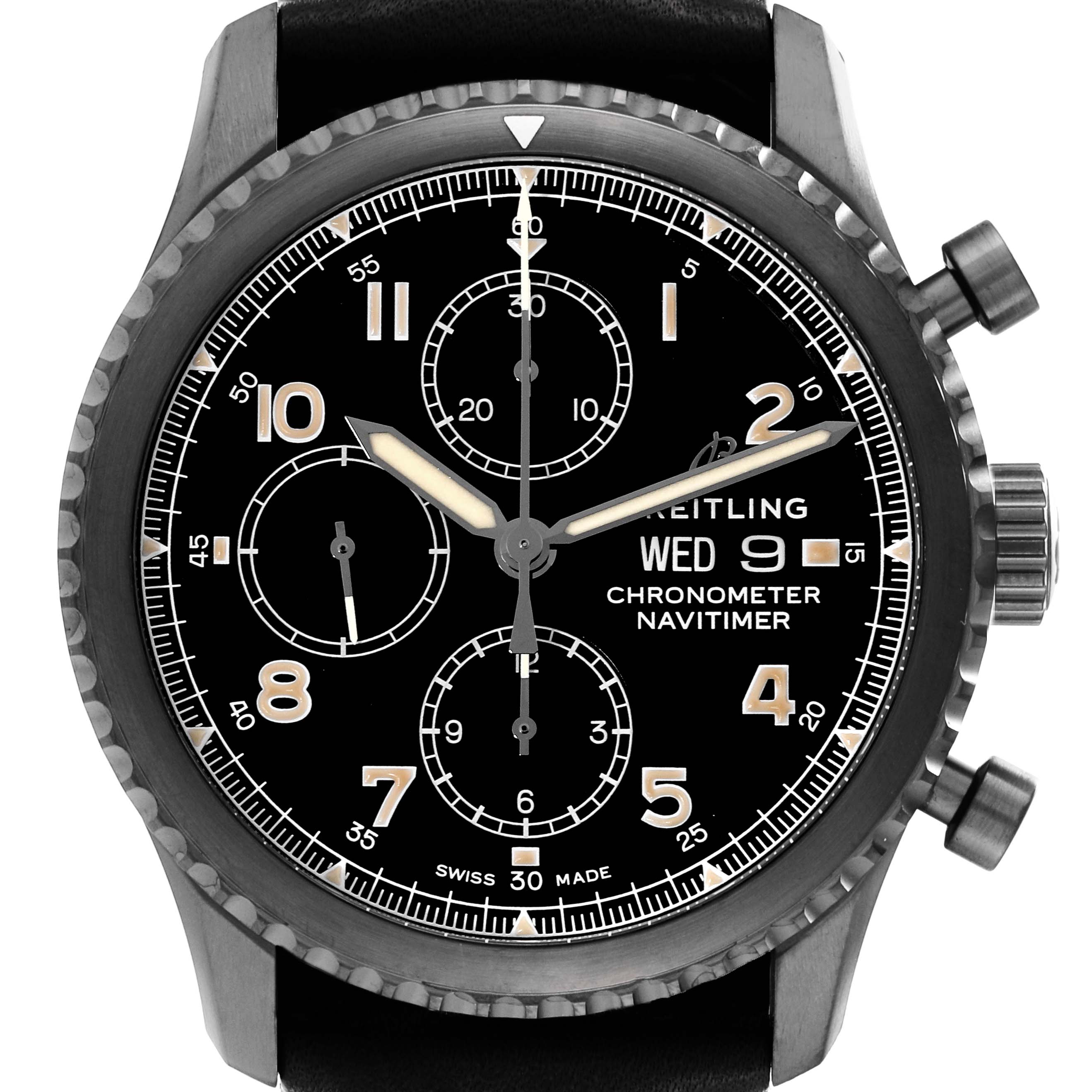 The image shows a close-up of the face of a Breitling Navitimer M13314 Men's Stainless Steel Black Dial M13314 Men's Stainless Steel Black Dial watch, highlighting the dial, subdials, and date indicators.