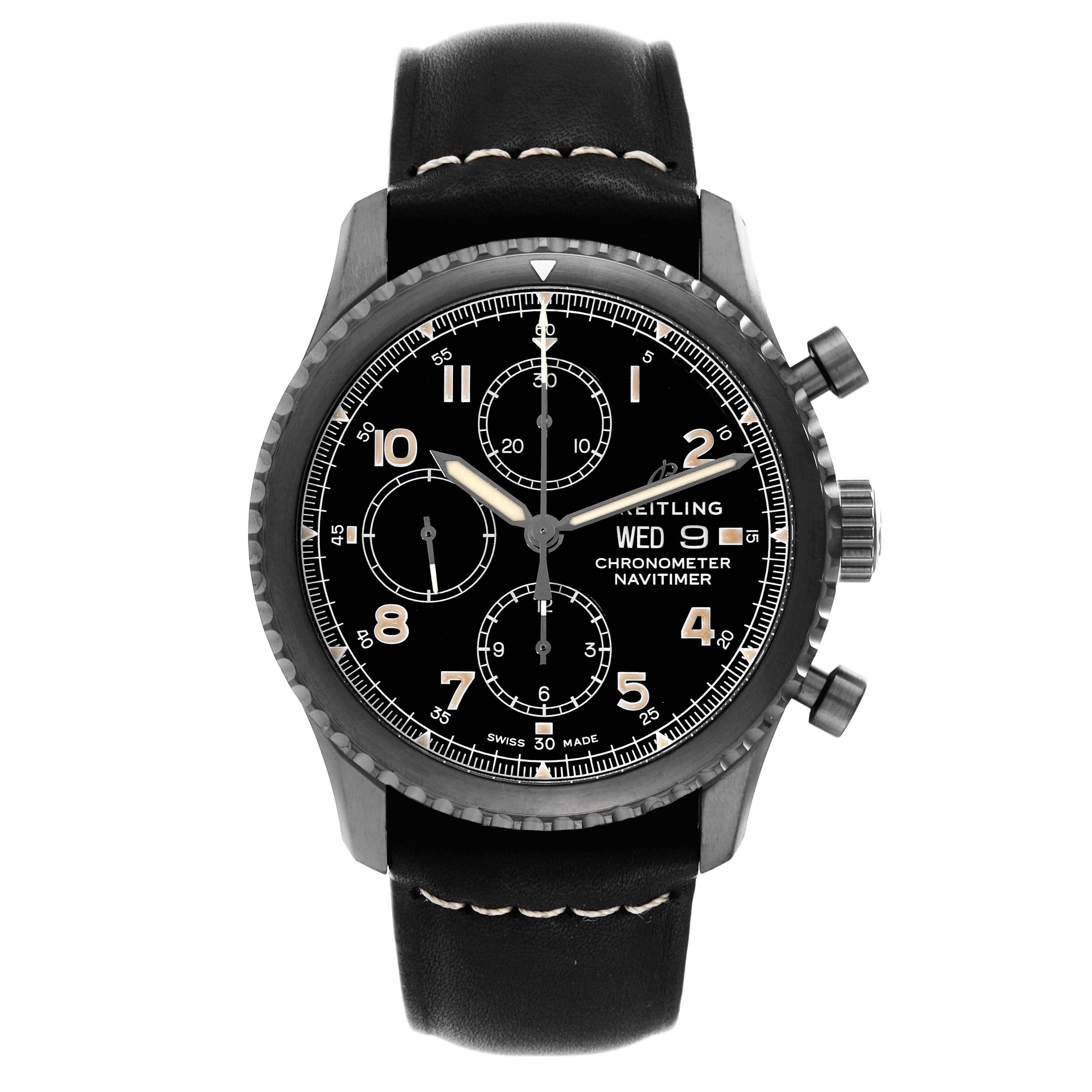 The image shows a front view of a Breitling Navitimer M13314 Men's Stainless Steel Black Dial M13314 Men's Stainless Steel Black Dial watch with a black dial and leather strap.