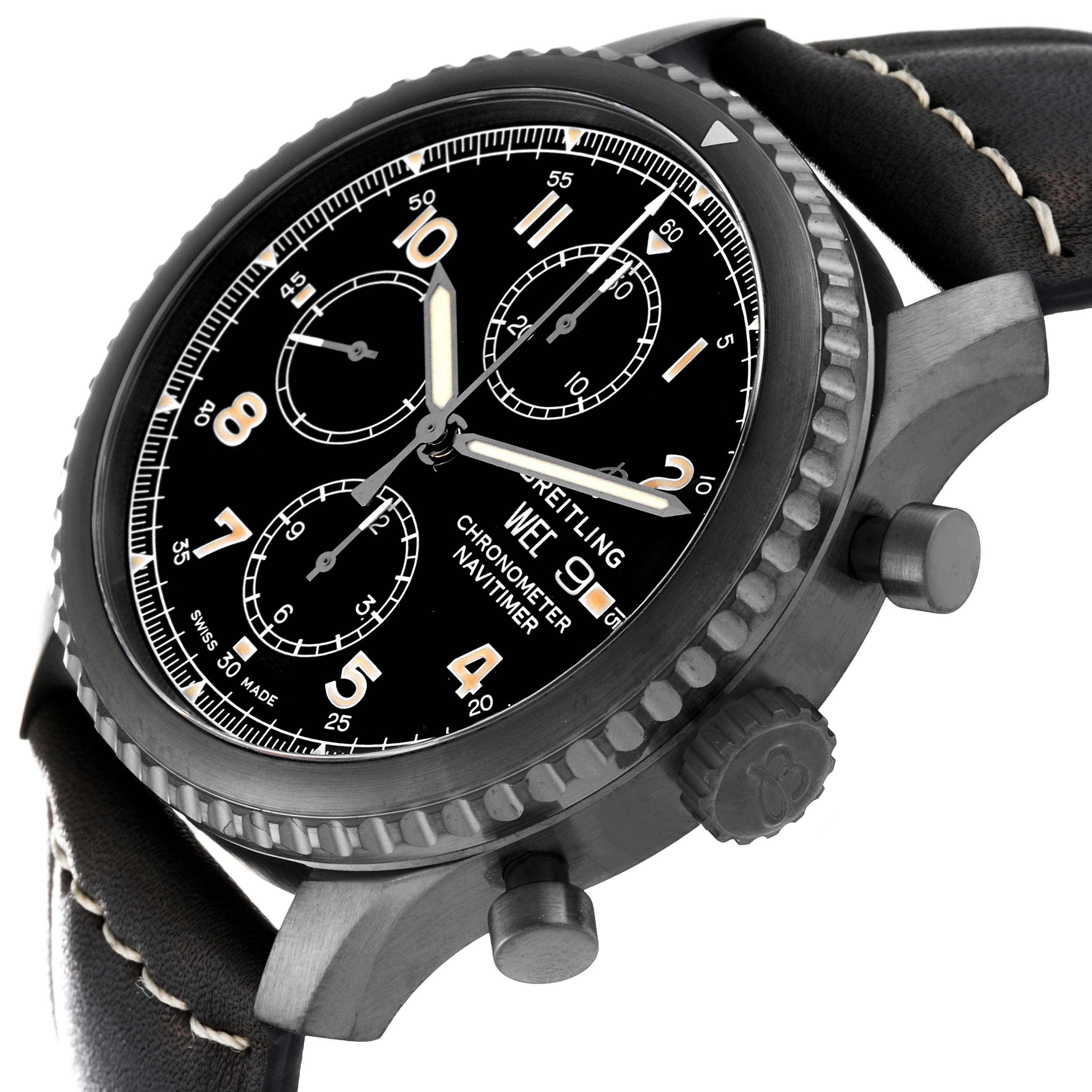 This image shows a close-up view of a Breitling Navitimer M13314 Men's Stainless Steel Black Dial M13314 Men's Stainless Steel Black Dial watch face and part of the leather strap, angled slightly from above.