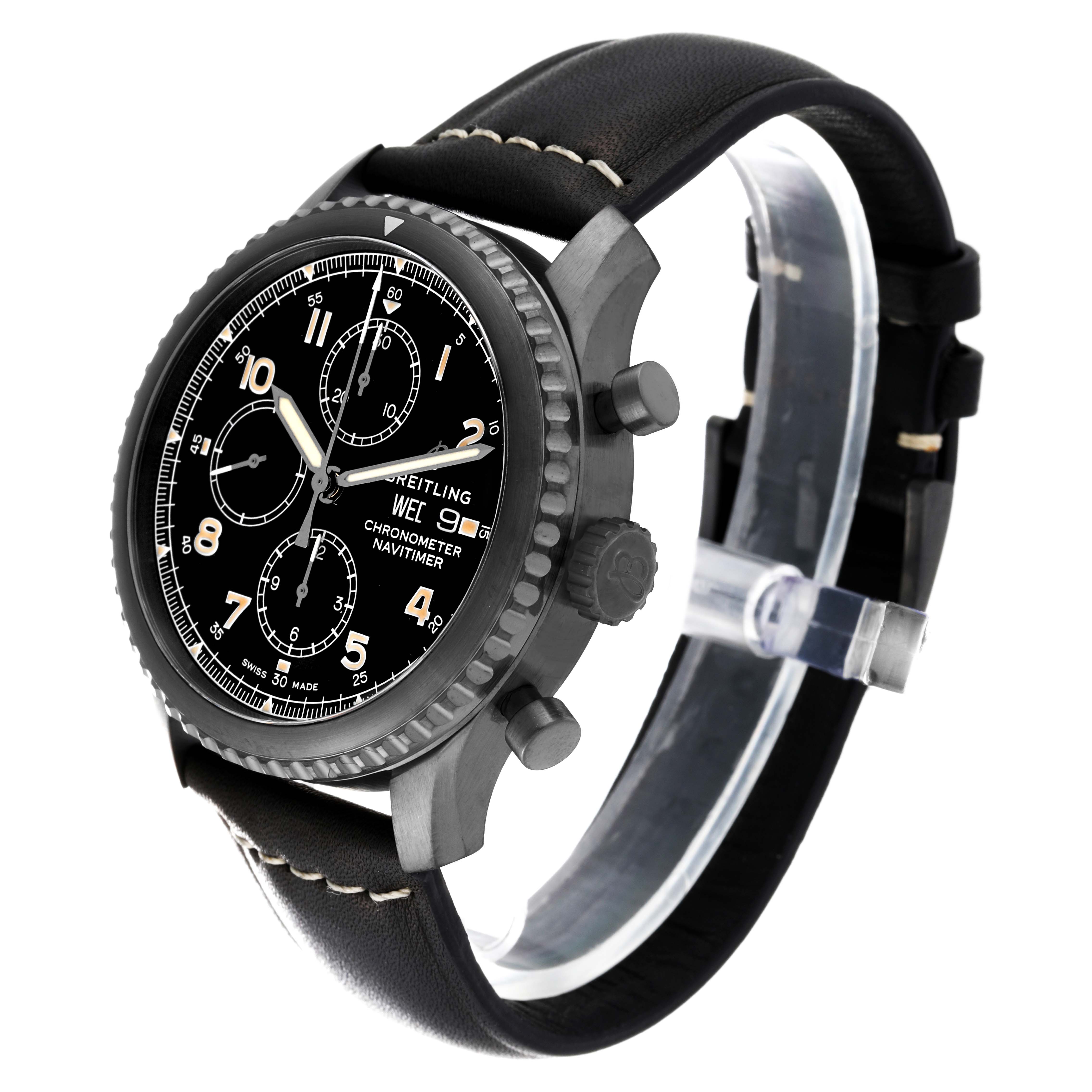 The Breitling Navitimer M13314 Men's Stainless Steel Black Dial M13314 Men's Stainless Steel Black Dial watch is shown at a slight side angle, displaying its black dial, chronograph functions, and black leather strap.