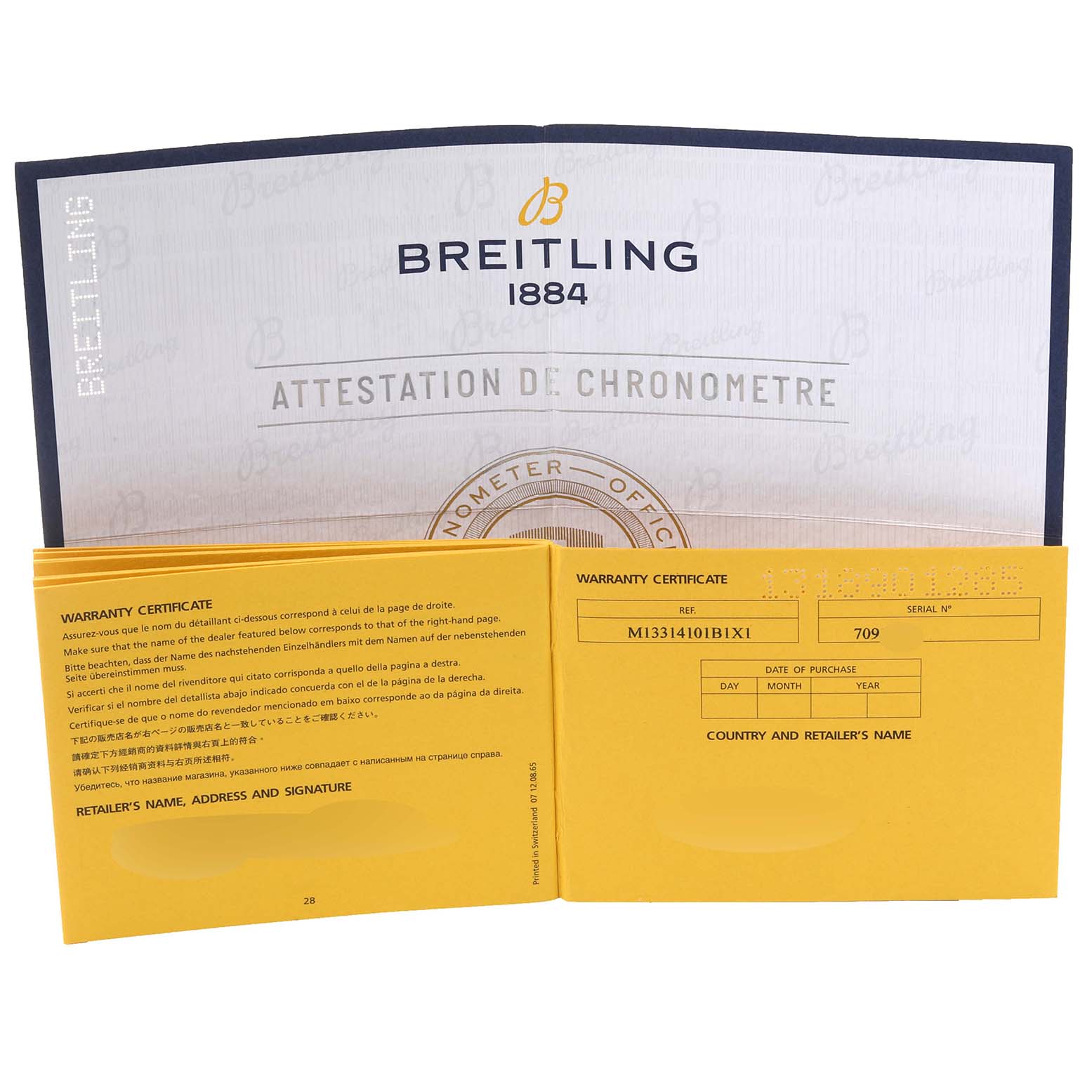 The image shows the warranty certificate and chronometer certificate for the Breitling Navitimer M13314 Men's Stainless Steel Black Dial M13314 Men's Stainless Steel Black Dial watch.