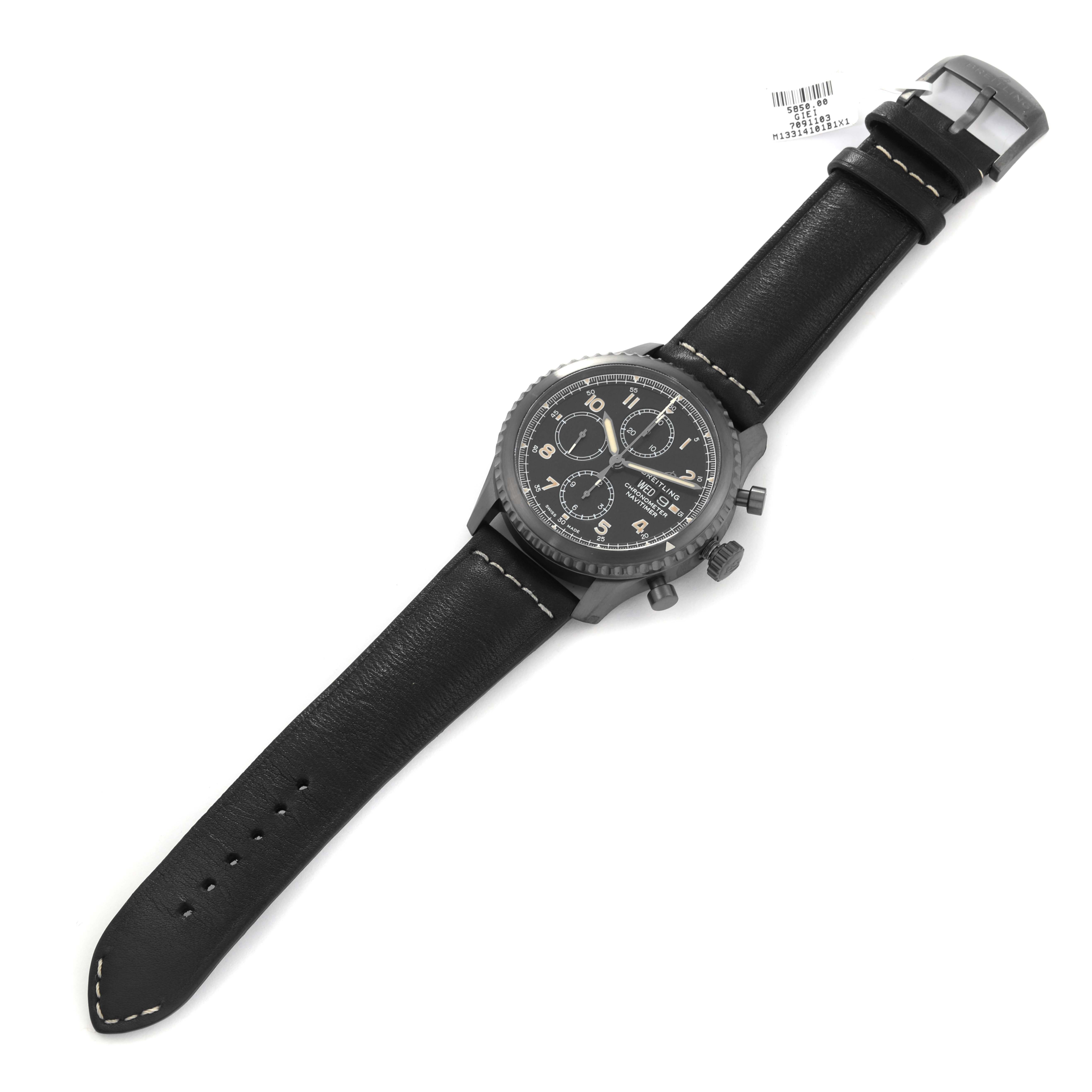 The Breitling Navitimer M13314 Men's Stainless Steel Black Dial M13314 Men's Stainless Steel Black Dial watch is shown from a top-down angle, displaying the face, bezel, and black leather strap.