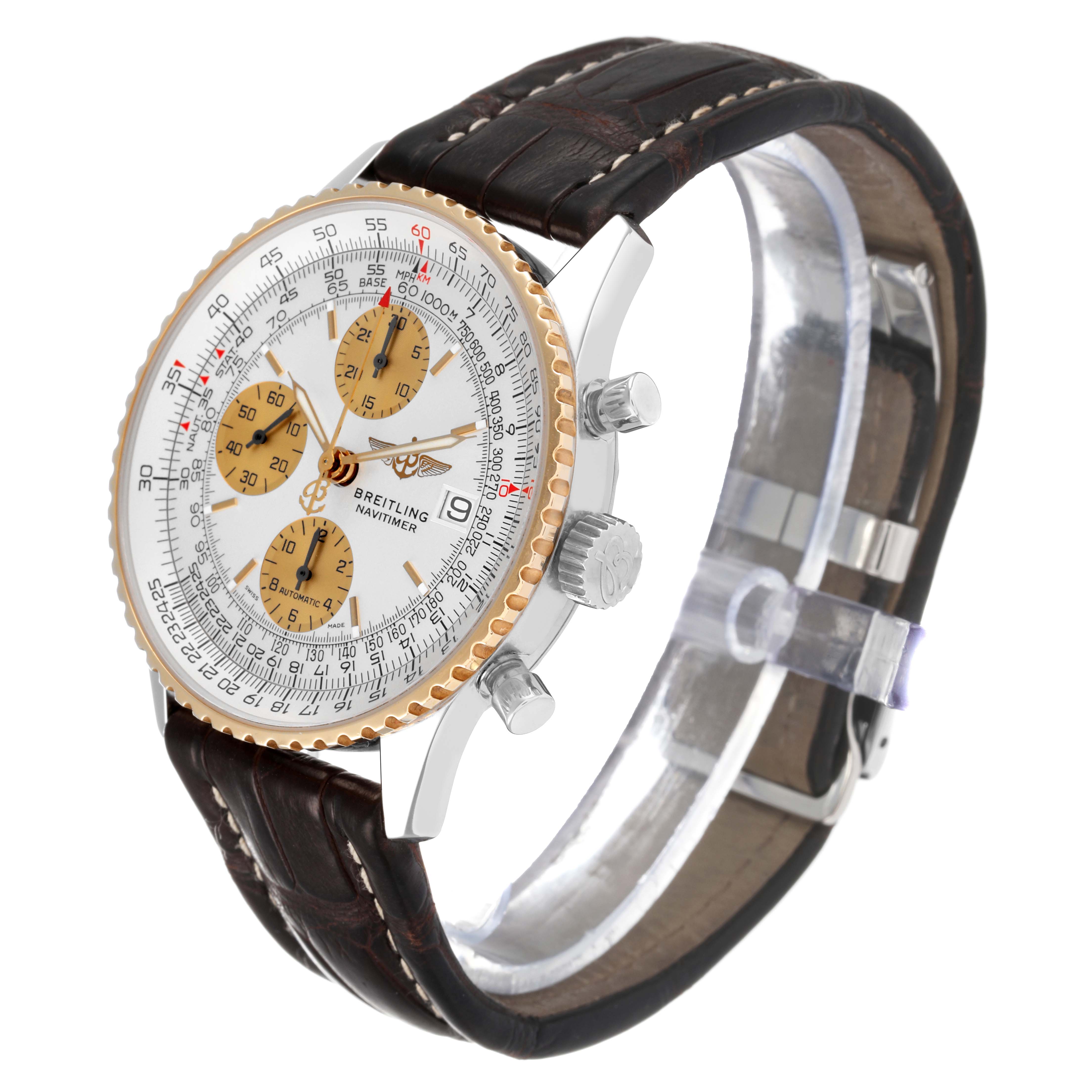 The image shows a Breitling Navitimer D13322 Men's Steel and Gold (two tone) Silver Dial D13322 Men's Steel and Gold (two tone) Silver Dial watch angled from the front-left side, highlighting its dial, case, crown, and strap.