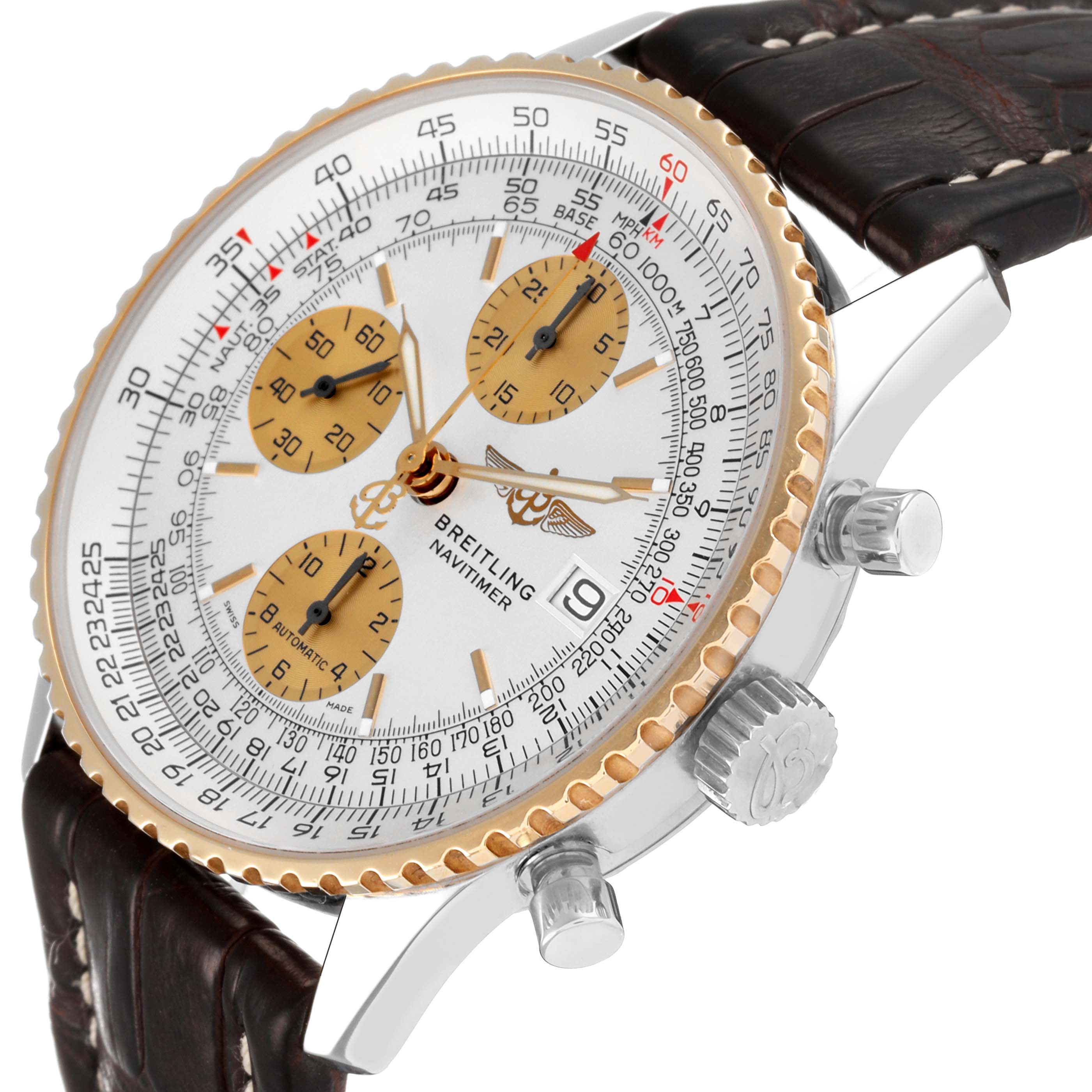The image shows a close-up of the Breitling Navitimer D13322 Men's Steel and Gold (two tone) Silver Dial D13322 Men's Steel and Gold (two tone) Silver Dial watch angled from the side, highlighting the dial, bezel, crown, and strap.
