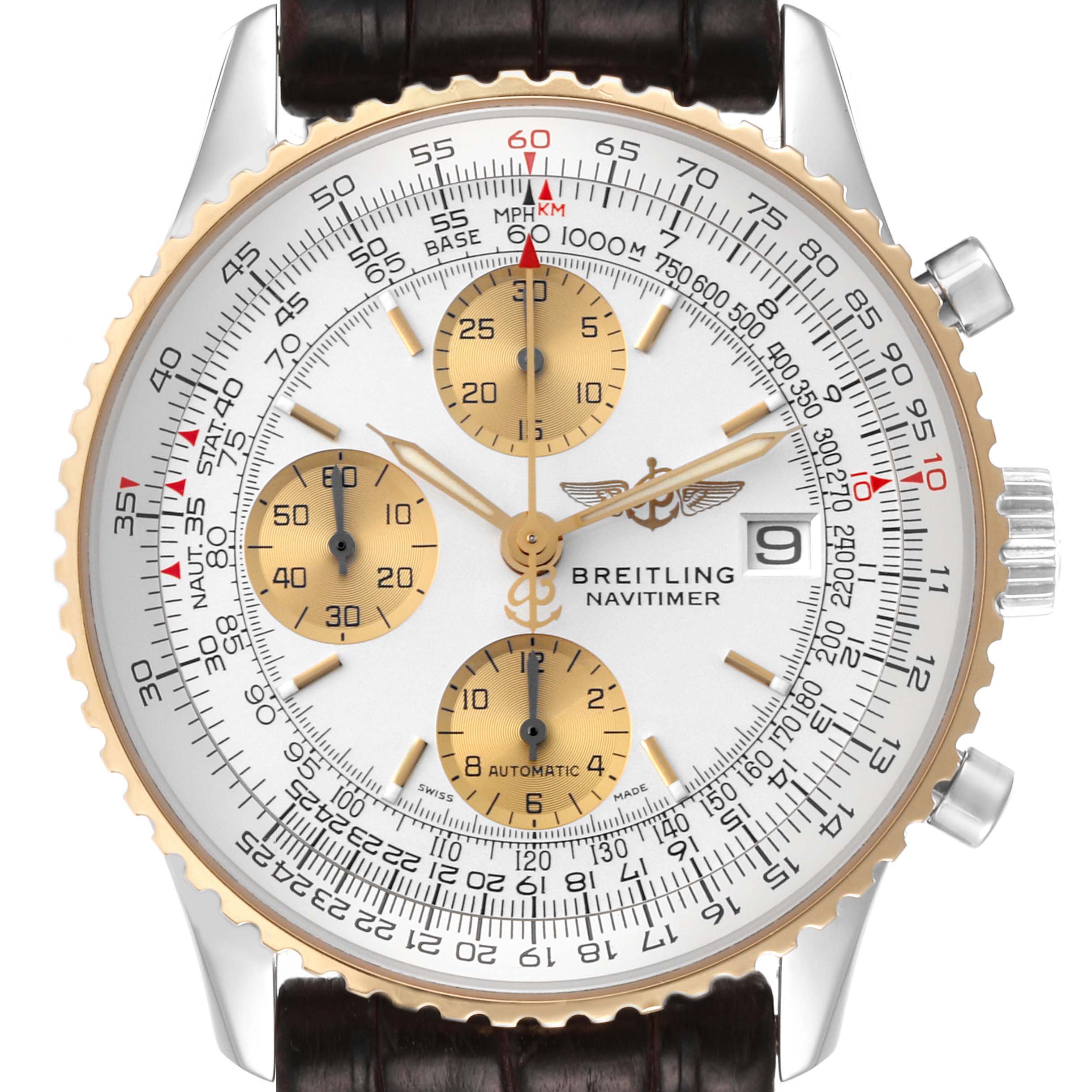 The image shows a front view of a Breitling Navitimer D13322 Men's Steel and Gold (two tone) Silver Dial D13322 Men's Steel and Gold (two tone) Silver Dial watch displaying its dial, subdials, date window, bezel, and crown.