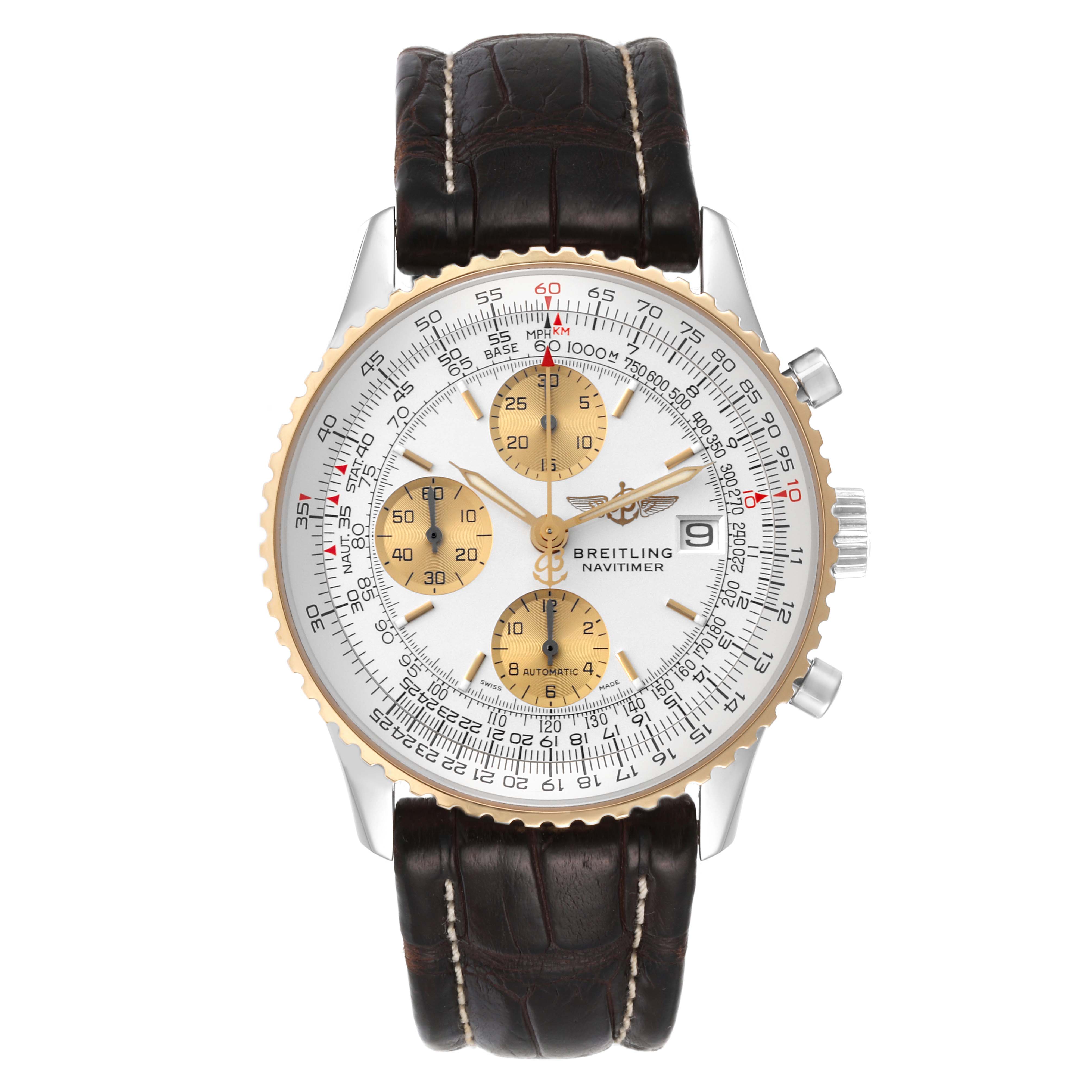 The image shows a front view of a Breitling Navitimer D13322 Men's Steel and Gold (two tone) Silver Dial D13322 Men's Steel and Gold (two tone) Silver Dial watch with a visible face, chronograph subdials, and a leather strap.