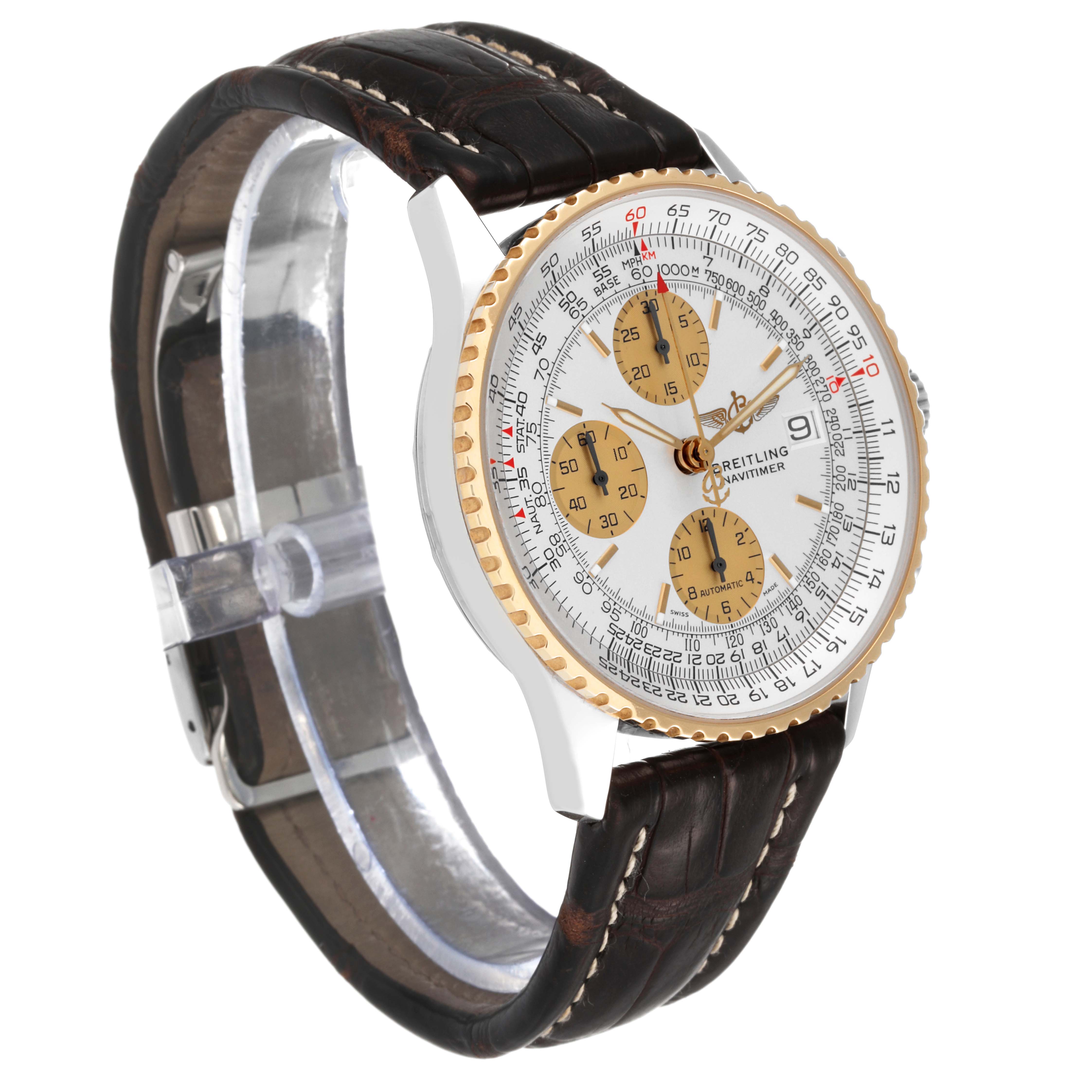 The Breitling Navitimer D13322 Men's Steel and Gold (two tone) Silver Dial D13322 Men's Steel and Gold (two tone) Silver Dial watch is shown from a front-left angle, displaying its bezel, dial, chronograph sub-dials, and leather strap.