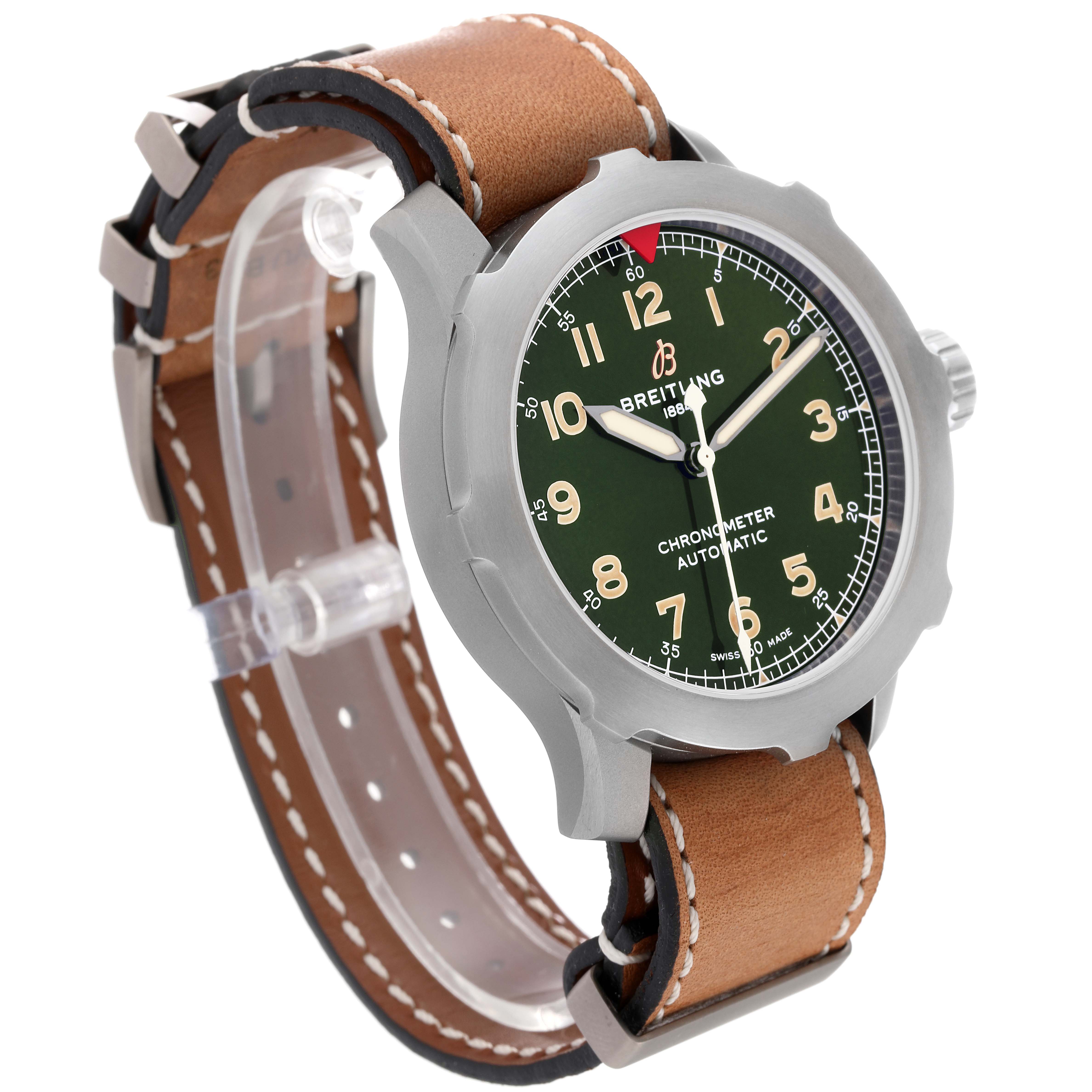 This Breitling Navitimer watch is shown at an oblique angle, displaying the face, crown, and leather strap with stitching detail.