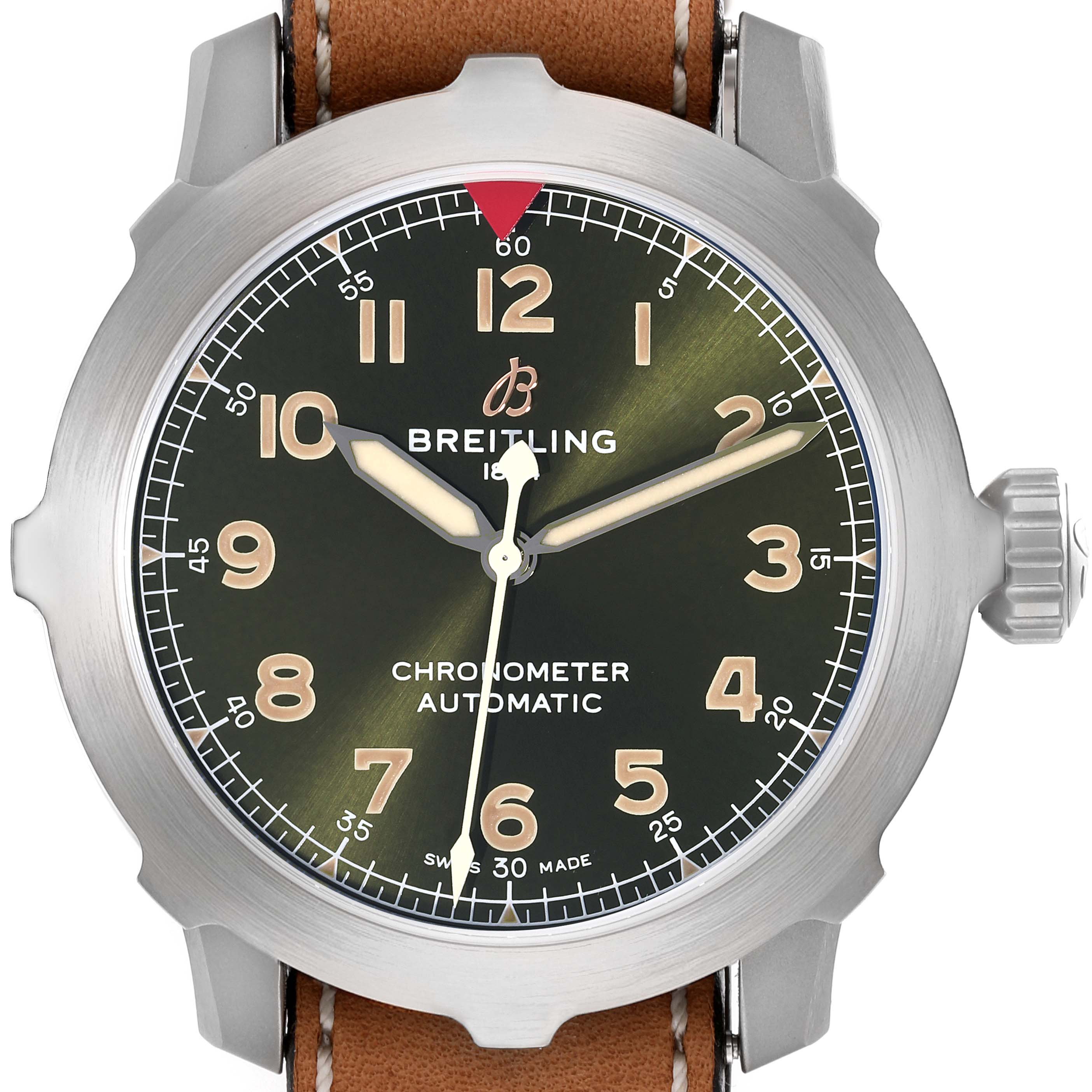 The image shows a front view of a Breitling Aviator EB2040101L1X1 Men's Titanium Green Dial EB2040101L1X1 Men's Titanium Green Dial model watch, featuring its dial, bezel, crown, and brown leather strap.