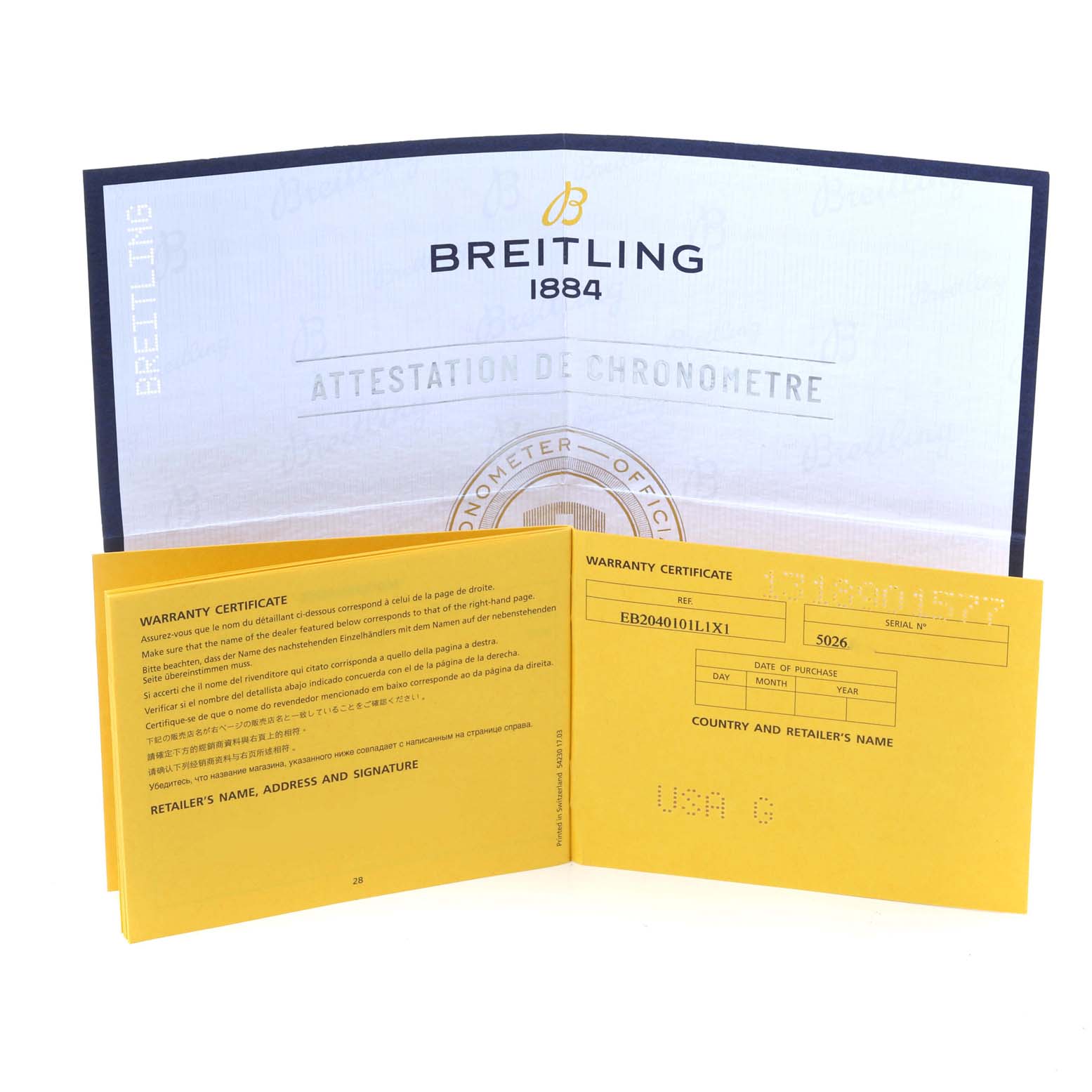 The image shows warranty certificates and official documentation for the Navitimer model by Breitling.