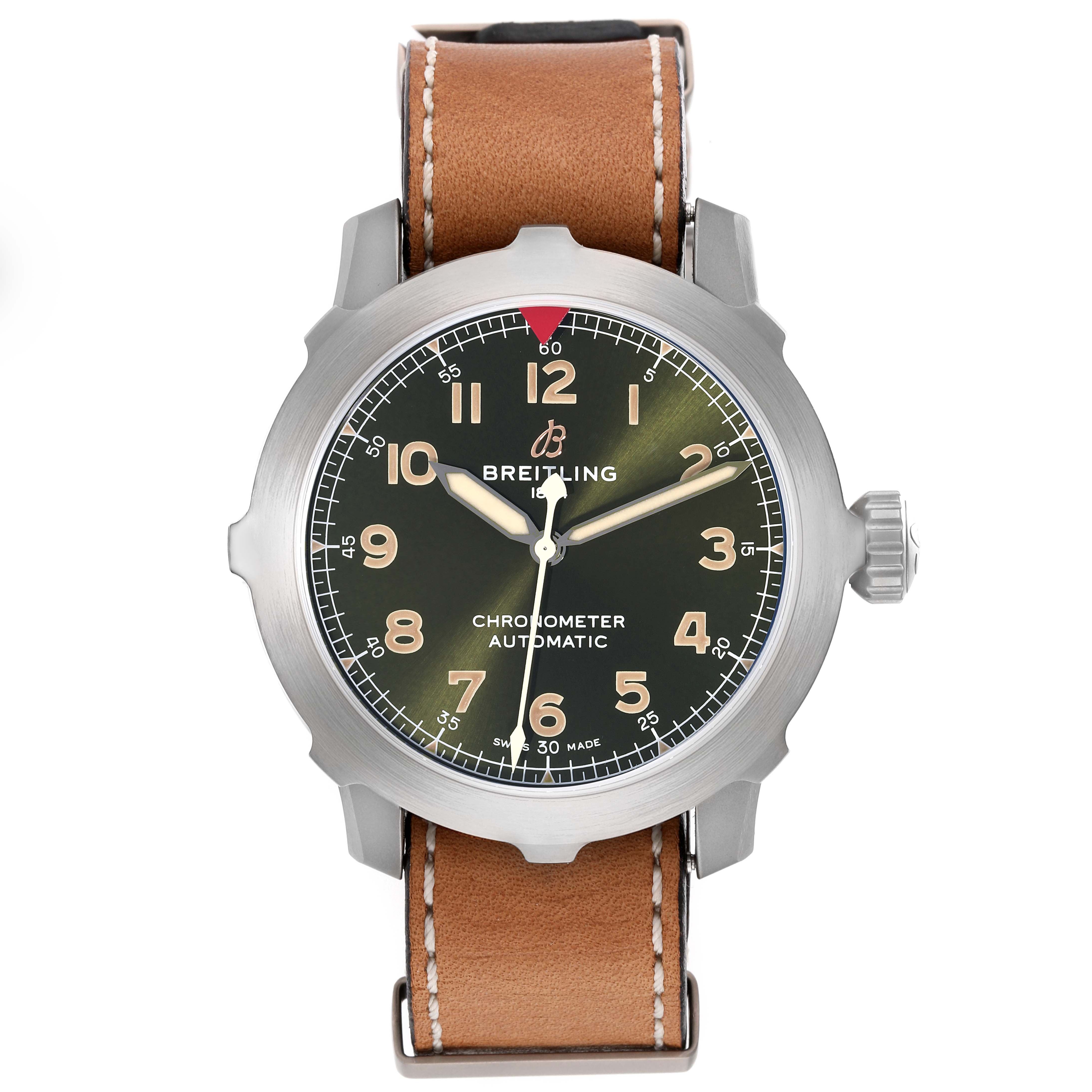 The image shows a front view of a Breitling Navitimer watch, displaying the dial, case, and brown leather strap.