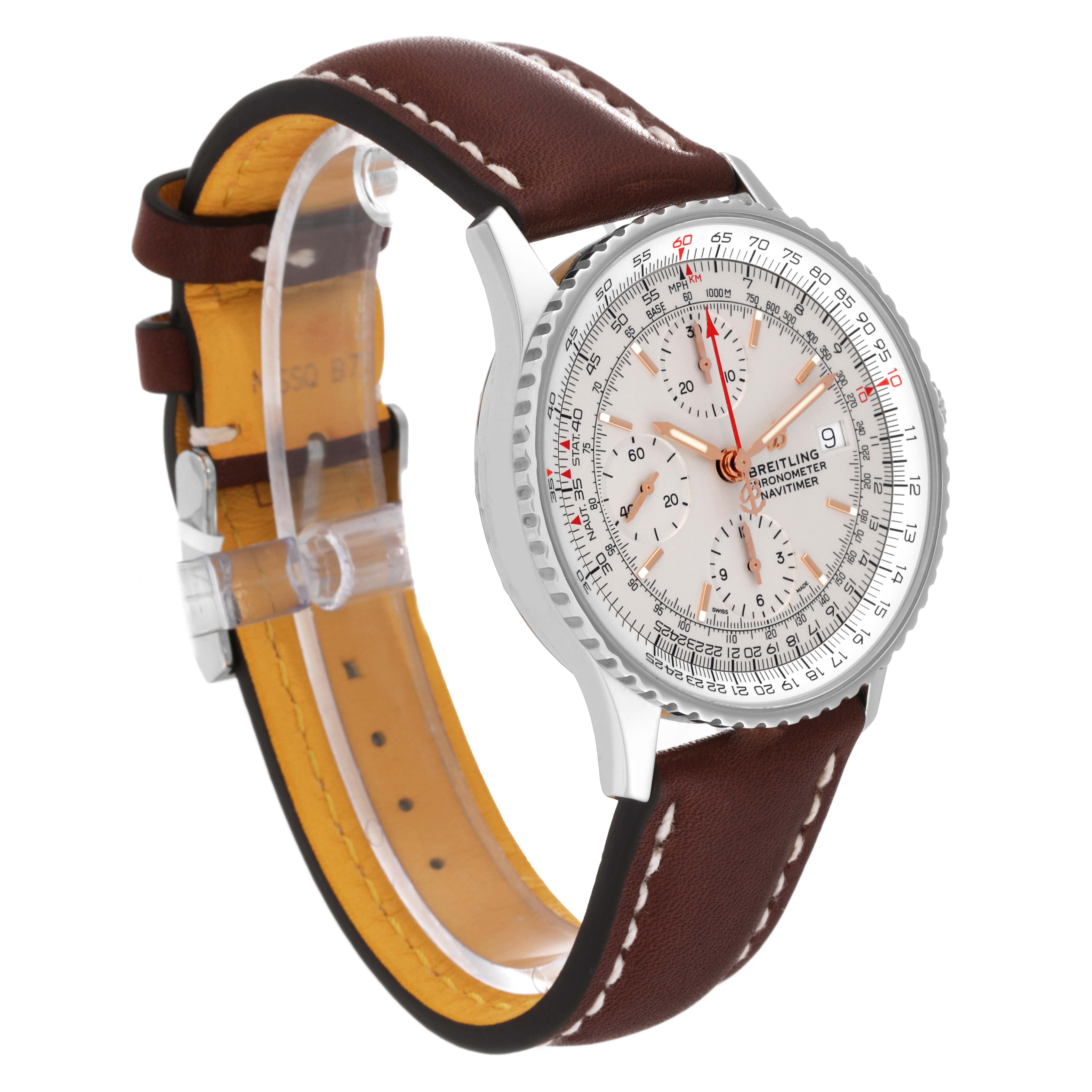 The image shows a Breitling Navitimer A13324 Men
s Stainless Steel Silver Dial A13324 Men
s Stainless Steel Silver Dial watch at a slight angle with a brown leather strap and the front face visible.