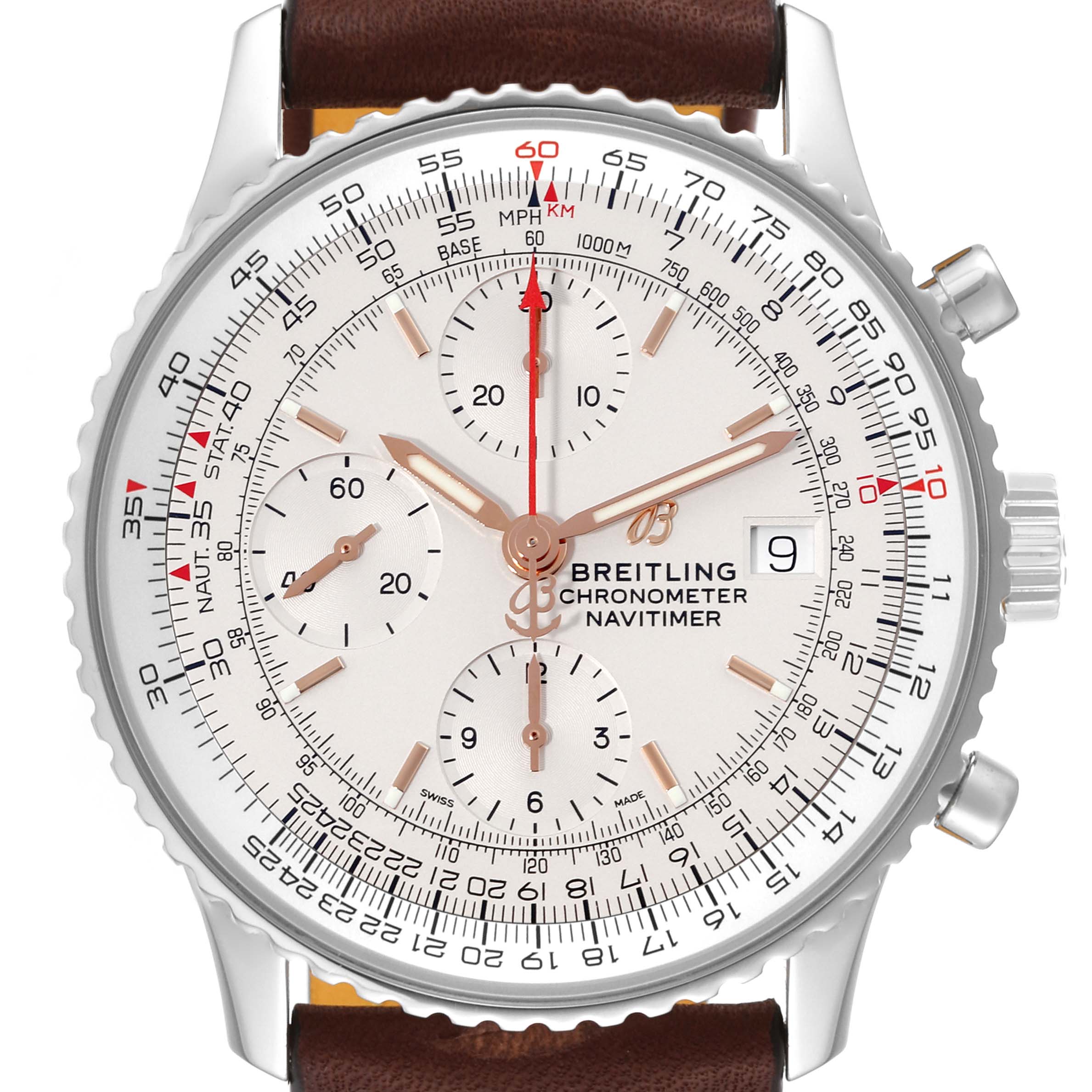 The image shows the front view of a Breitling Navitimer A13324 Men
s Stainless Steel Silver Dial A13324 Men
s Stainless Steel Silver Dial watch, highlighting its dial, subdials, and bezel.