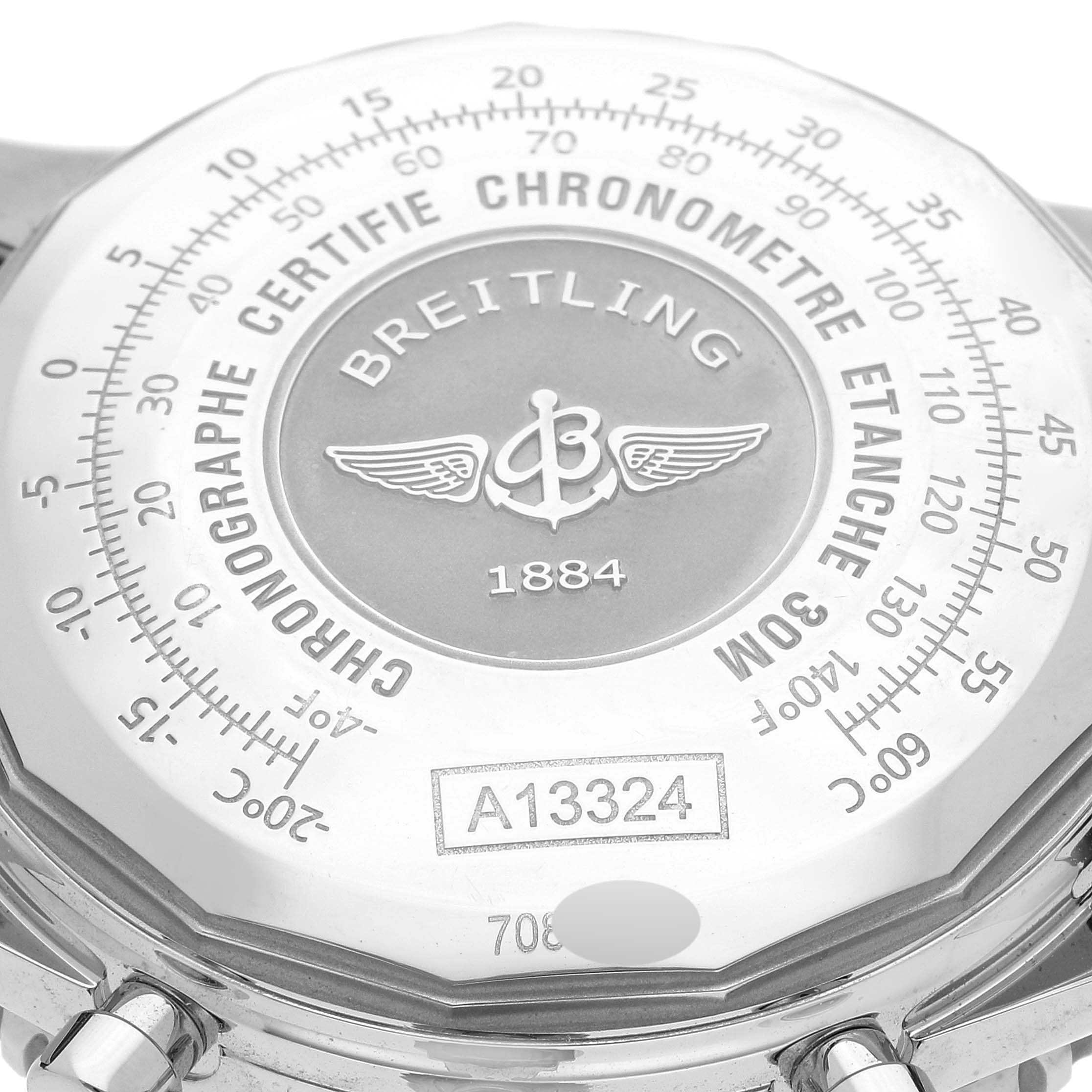 This image shows the back case of a Breitling Navitimer A13324 Men
s Stainless Steel Silver Dial A13324 Men
s Stainless Steel Silver Dial watch, highlighting the model number and branding details.