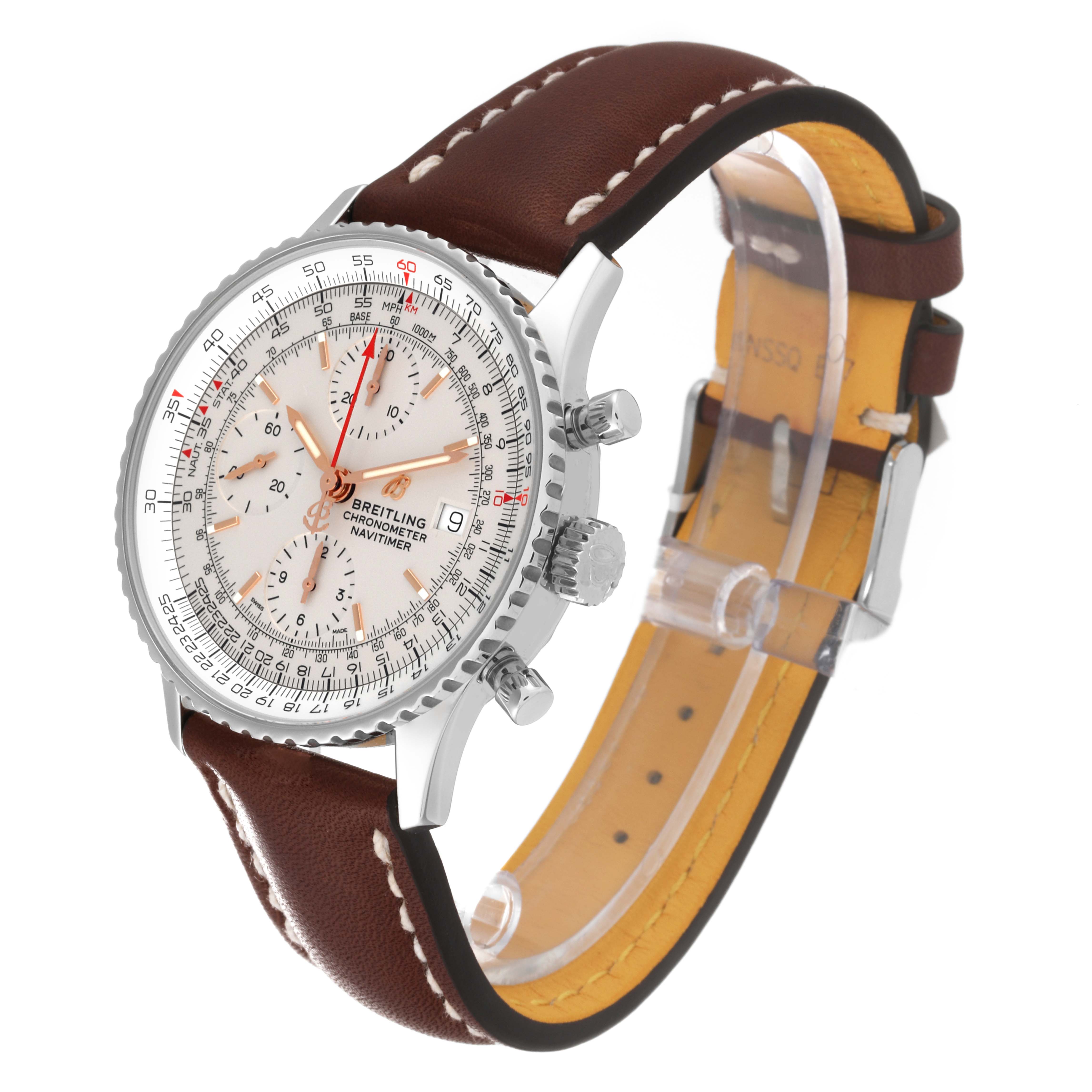 This Breitling Navitimer A13324 Men
s Stainless Steel Silver Dial A13324 Men
s Stainless Steel Silver Dial watch is shown at a three-quarter angle, highlighting its face, crown, pushers, and brown leather strap.
