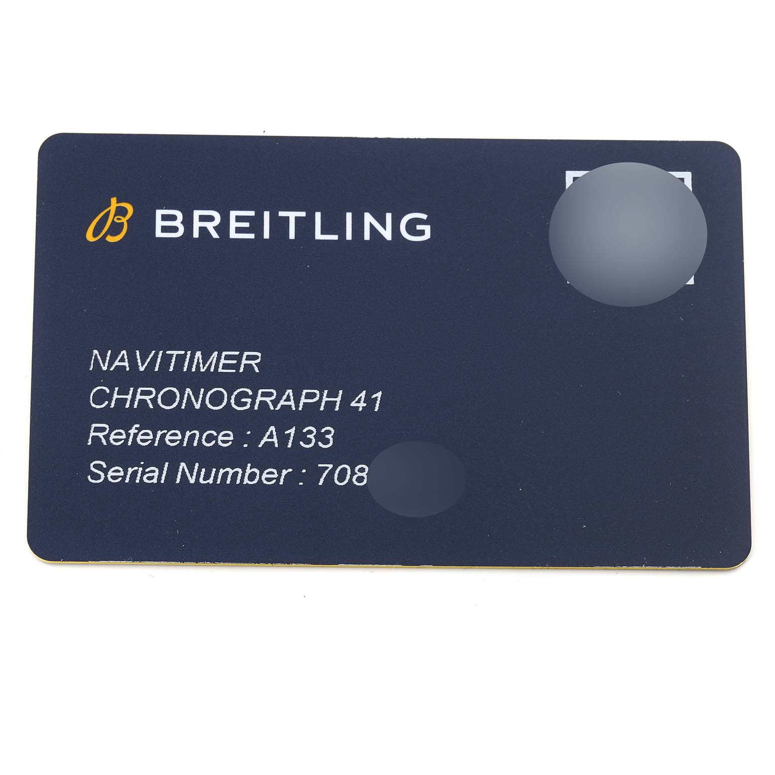 This image shows a Breitling Navitimer A13324 Men
s Stainless Steel Silver Dial A13324 Men
s Stainless Steel Silver Dial Chronograph 41 reference card with model information and serial number.