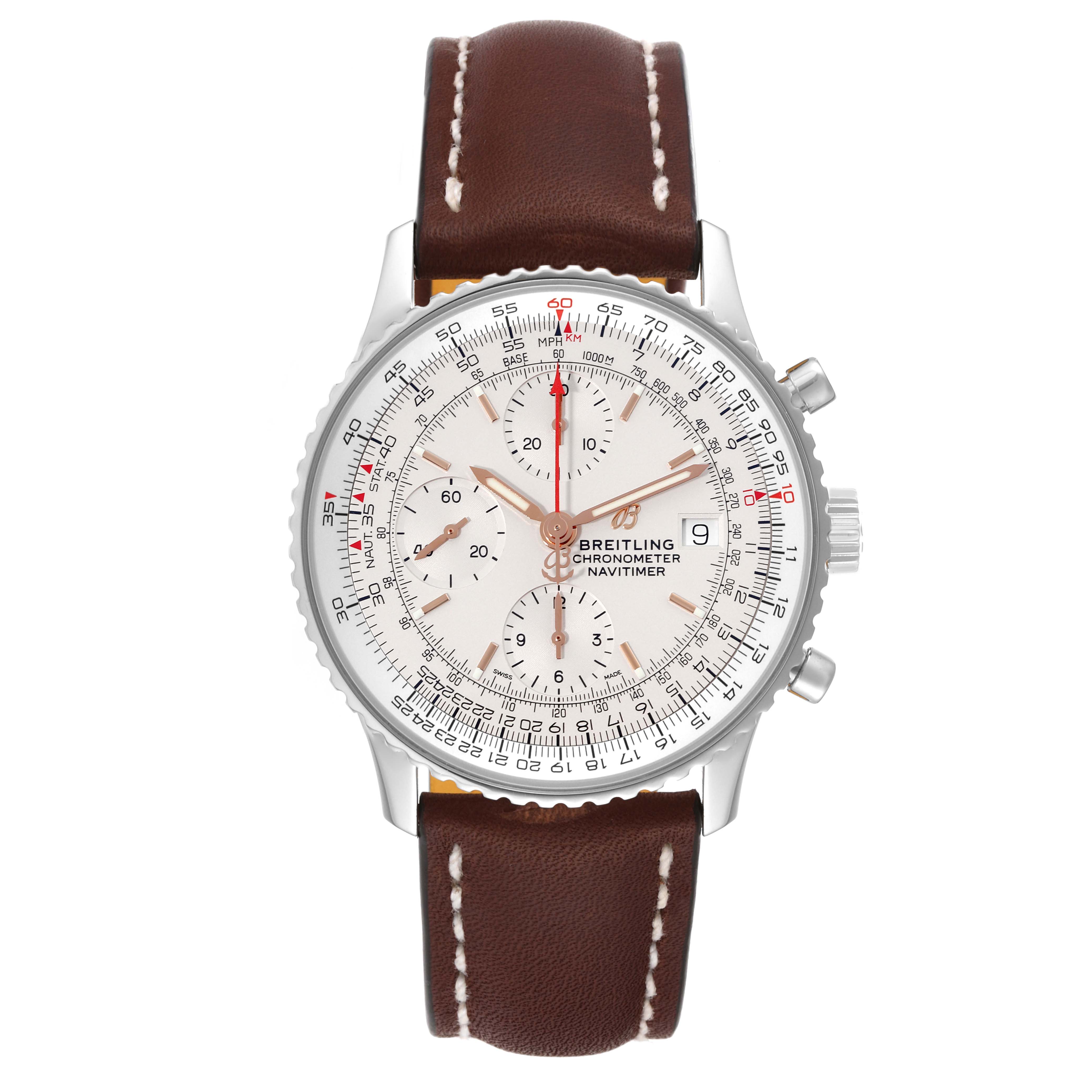 The image shows a front view of the Breitling Navitimer A13324 Men
s Stainless Steel Silver Dial A13324 Men
s Stainless Steel Silver Dial watch with a brown leather strap and a detailed dial.