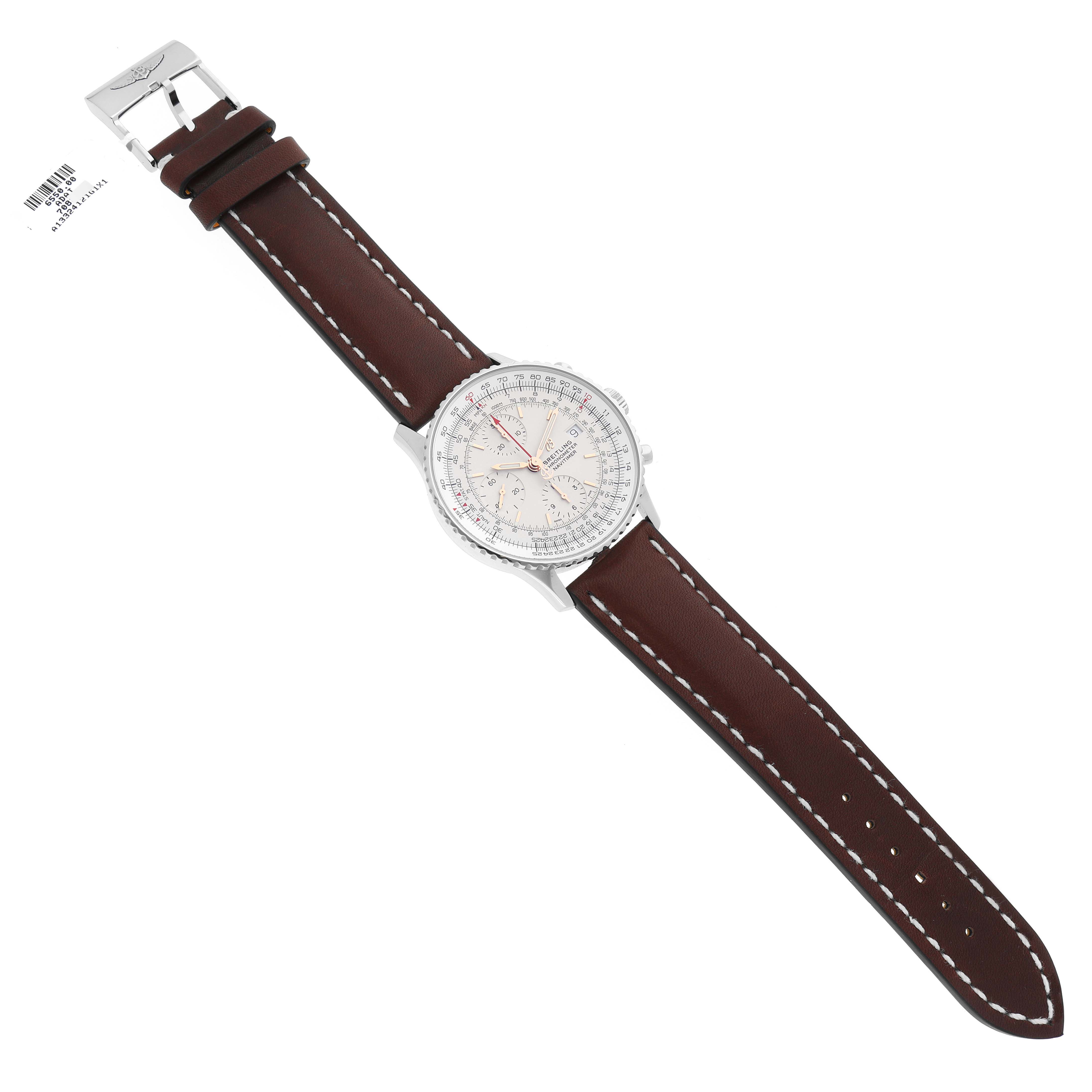 This image shows a top view of a Breitling Navitimer A13324 Men
s Stainless Steel Silver Dial A13324 Men
s Stainless Steel Silver Dial watch with a brown leather strap and a silver dial.