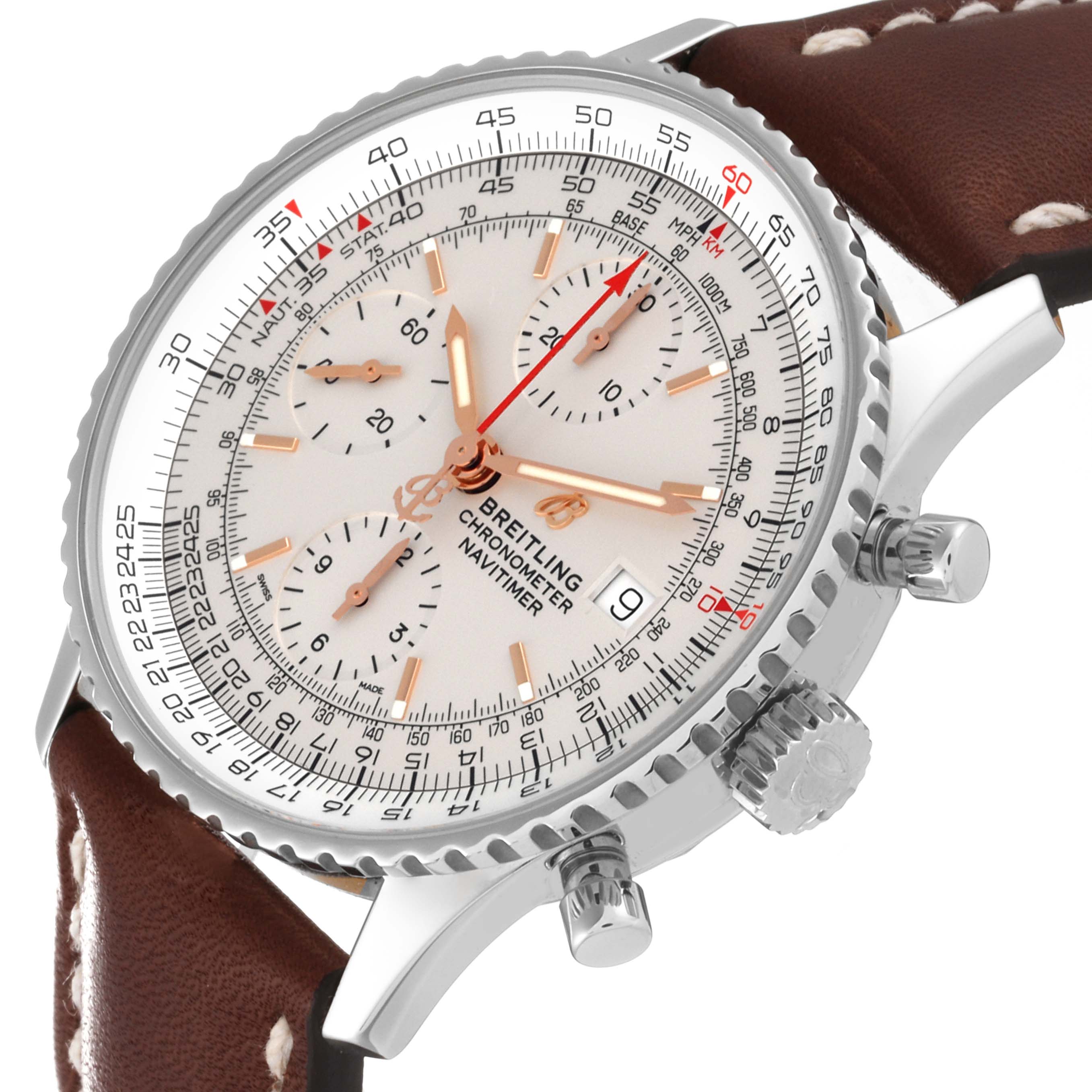 The image shows a close-up angle of a Breitling Navitimer A13324 Men
s Stainless Steel Silver Dial A13324 Men
s Stainless Steel Silver Dial watch, highlighting the dial, bezel, and leather strap.