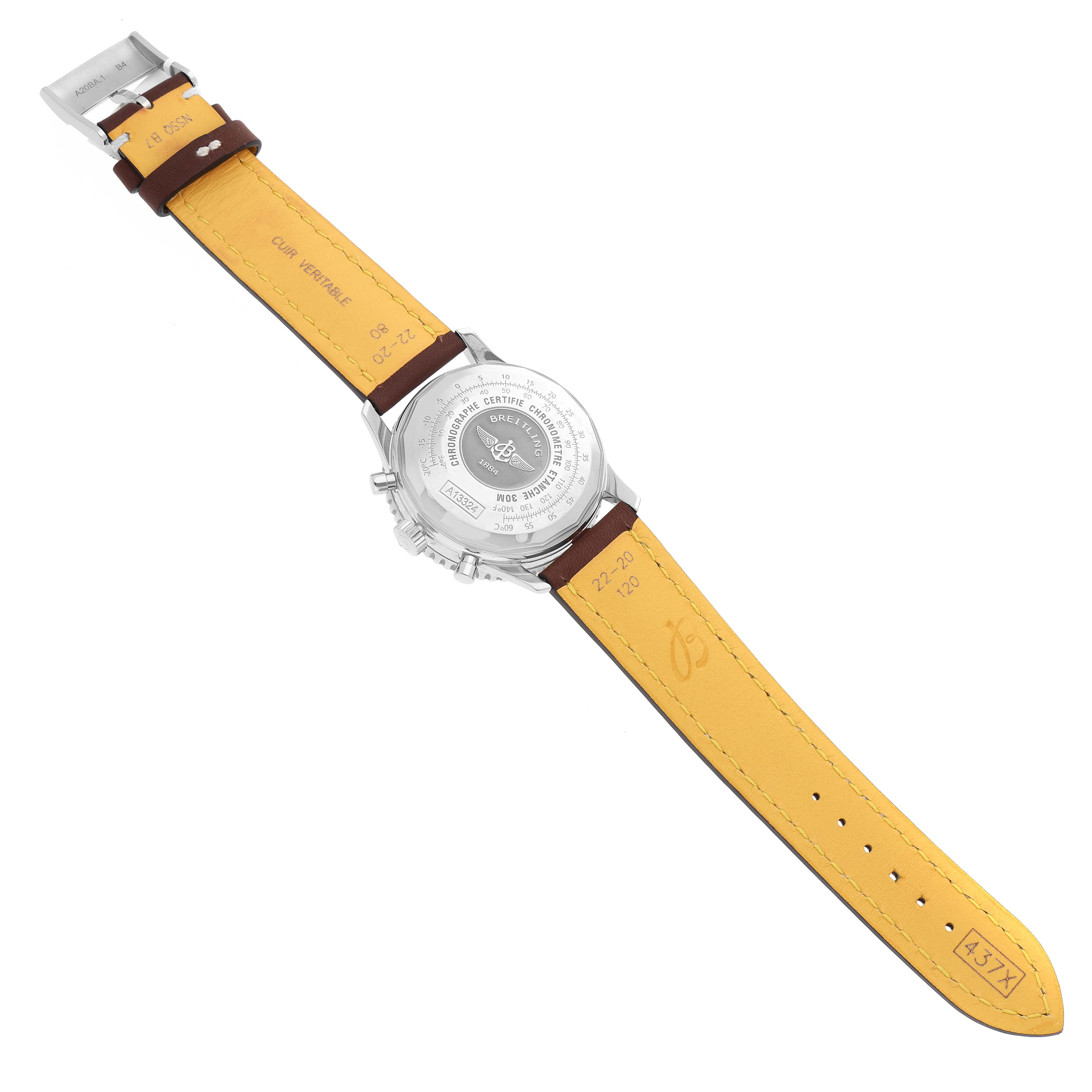 The image shows the back view of a Breitling Navitimer A13324 Men
s Stainless Steel Silver Dial A13324 Men
s Stainless Steel Silver Dial watch, highlighting the case back and the inside of the leather strap.