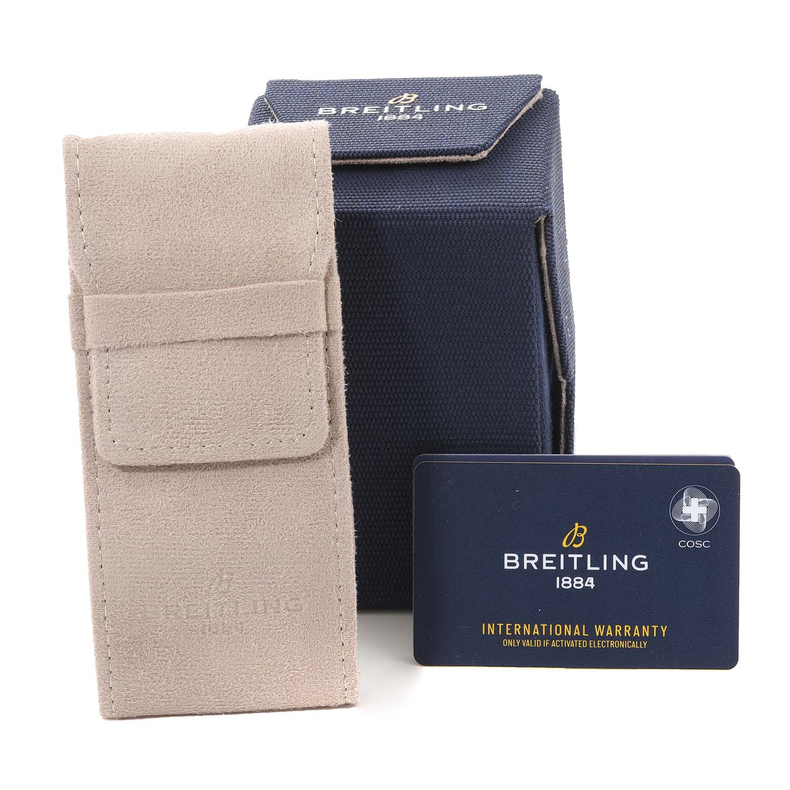 The image shows a Breitling Navitimer A13324 Men
s Stainless Steel Silver Dial A13324 Men
s Stainless Steel Silver Dial watch case, pouch, and international warranty card.