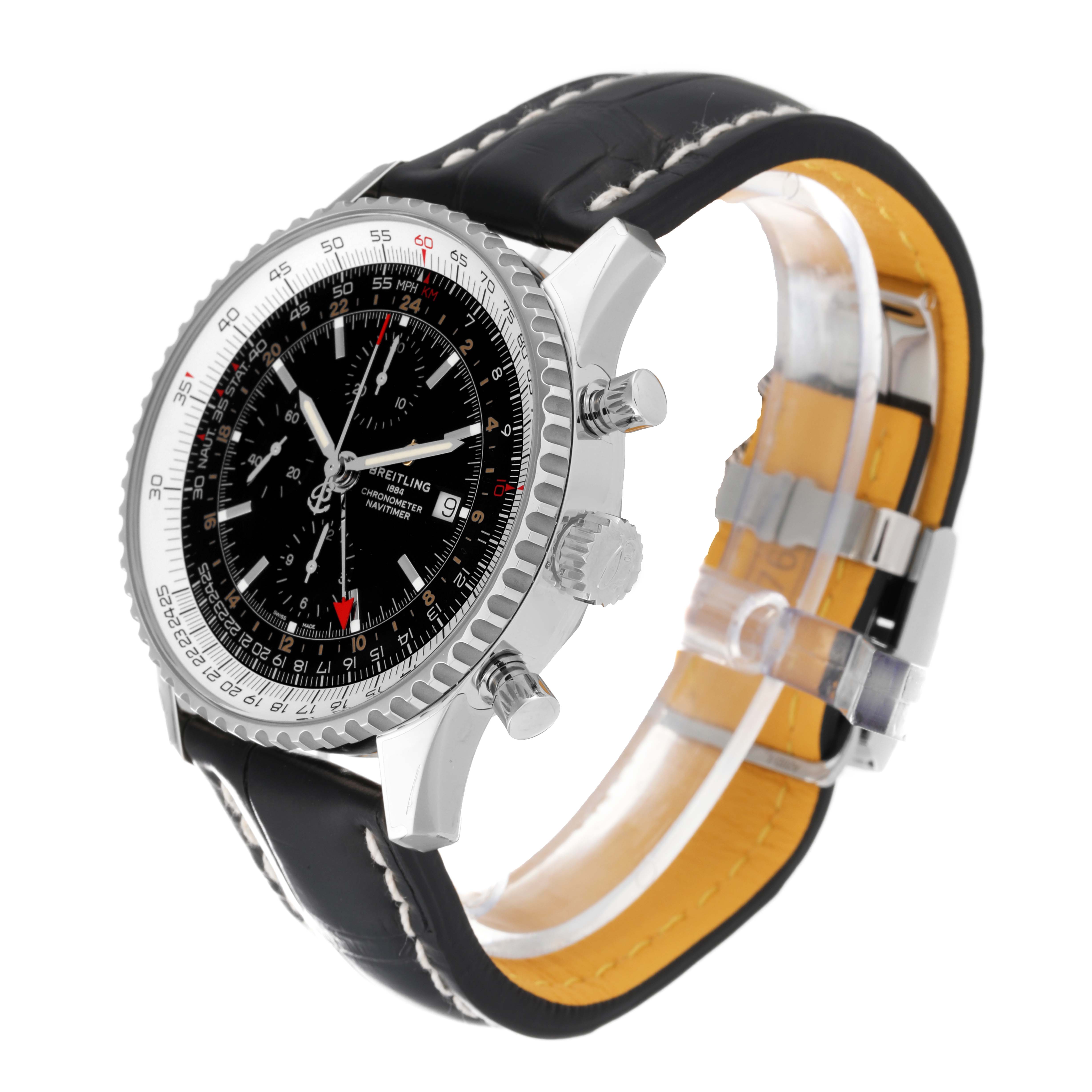 The image shows a Breitling Navitimer A24322 Men's Stainless Steel Black Dial A24322 Men's Stainless Steel Black Dial watch at a three-quarter angle, highlighting the dial, crown, pushers, and leather strap.