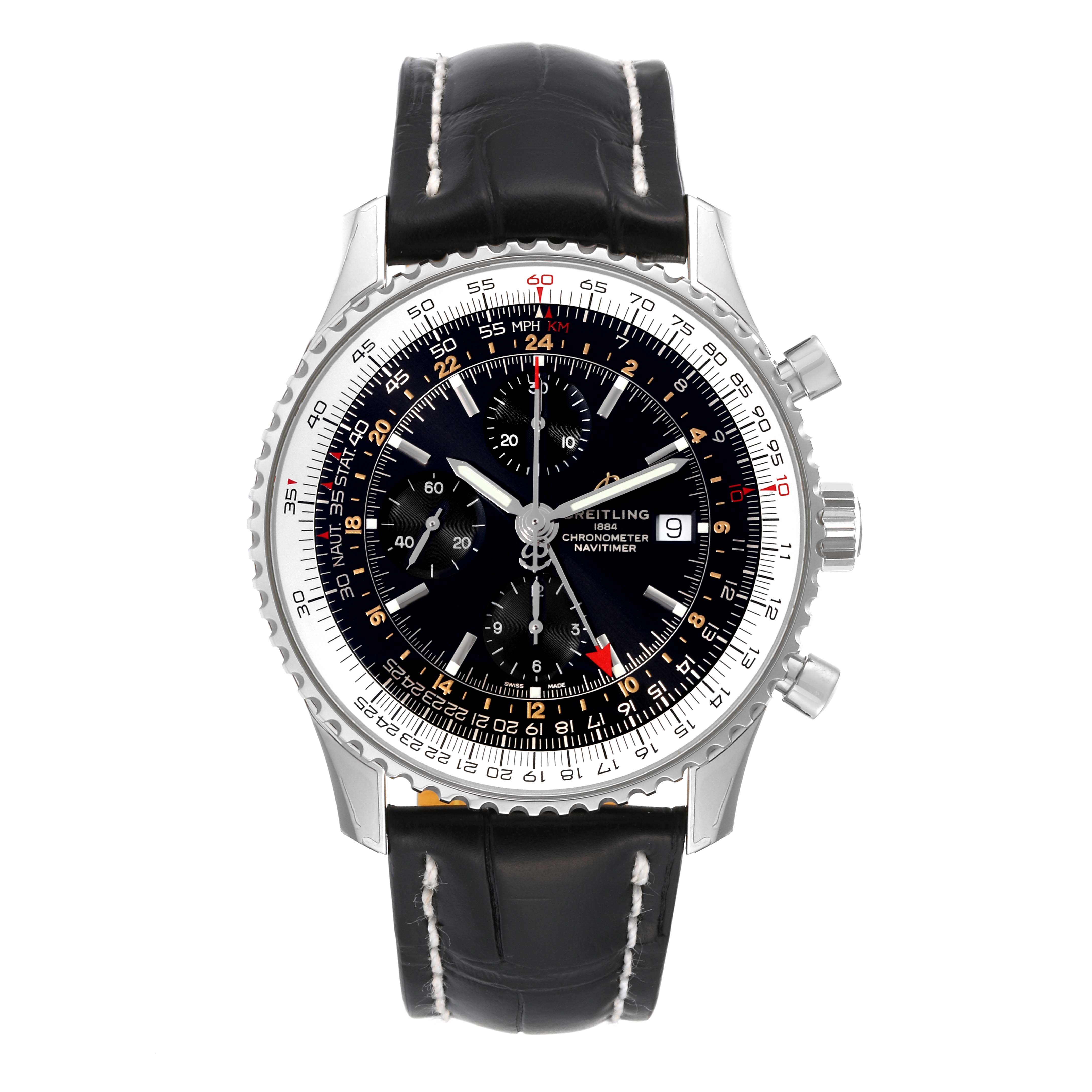 The image shows a front view of a Breitling Navitimer A24322 Men's Stainless Steel Black Dial A24322 Men's Stainless Steel Black Dial watch with a black leather strap and a detailed dial.