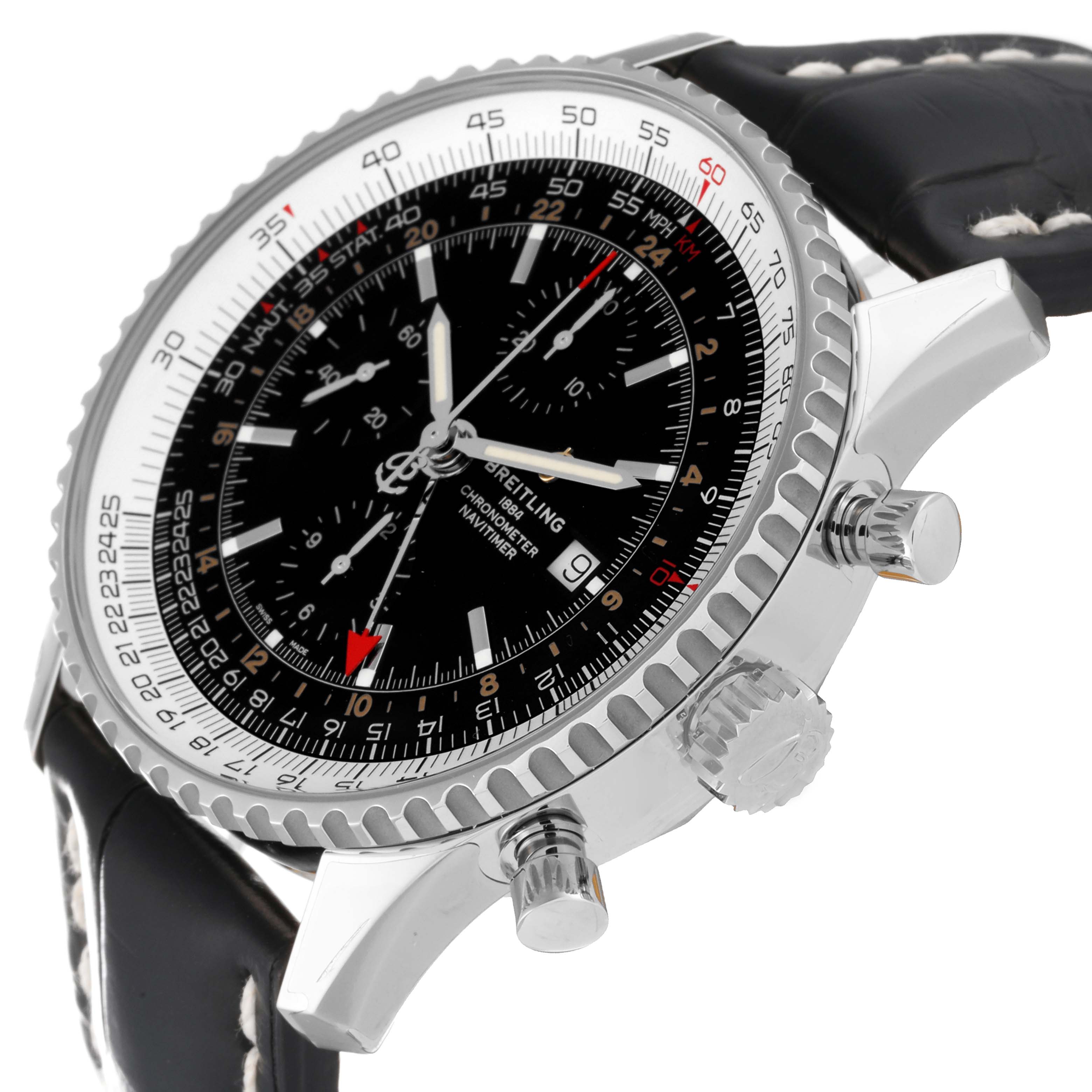 The image shows a close-up angle of the Breitling Navitimer A24322 Men's Stainless Steel Black Dial A24322 Men's Stainless Steel Black Dial watch face and side buttons.