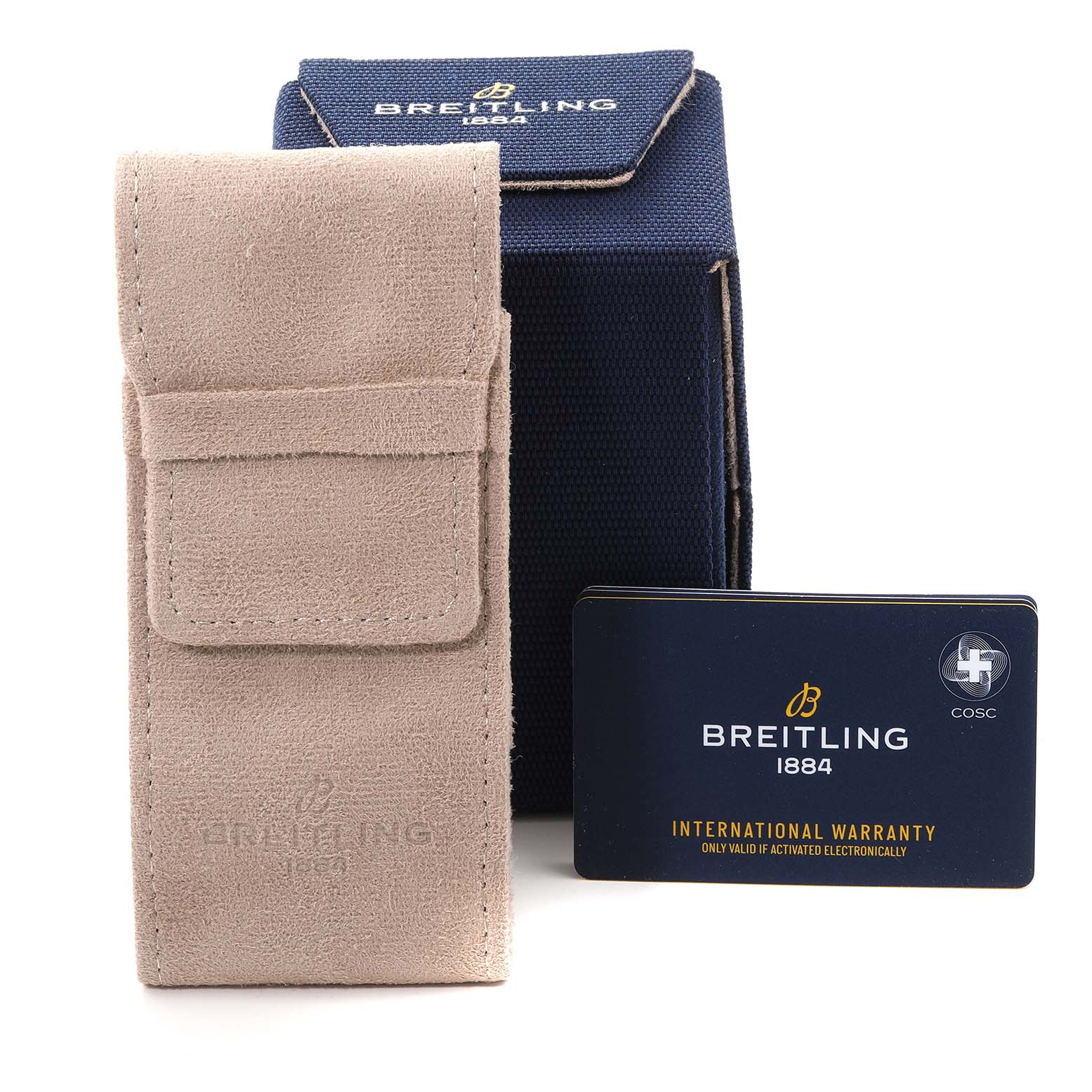 The image shows a suede pouch, a blue box, and an international warranty card for the Breitling Navitimer A24322 Men's Stainless Steel Black Dial A24322 Men's Stainless Steel Black Dial watch.