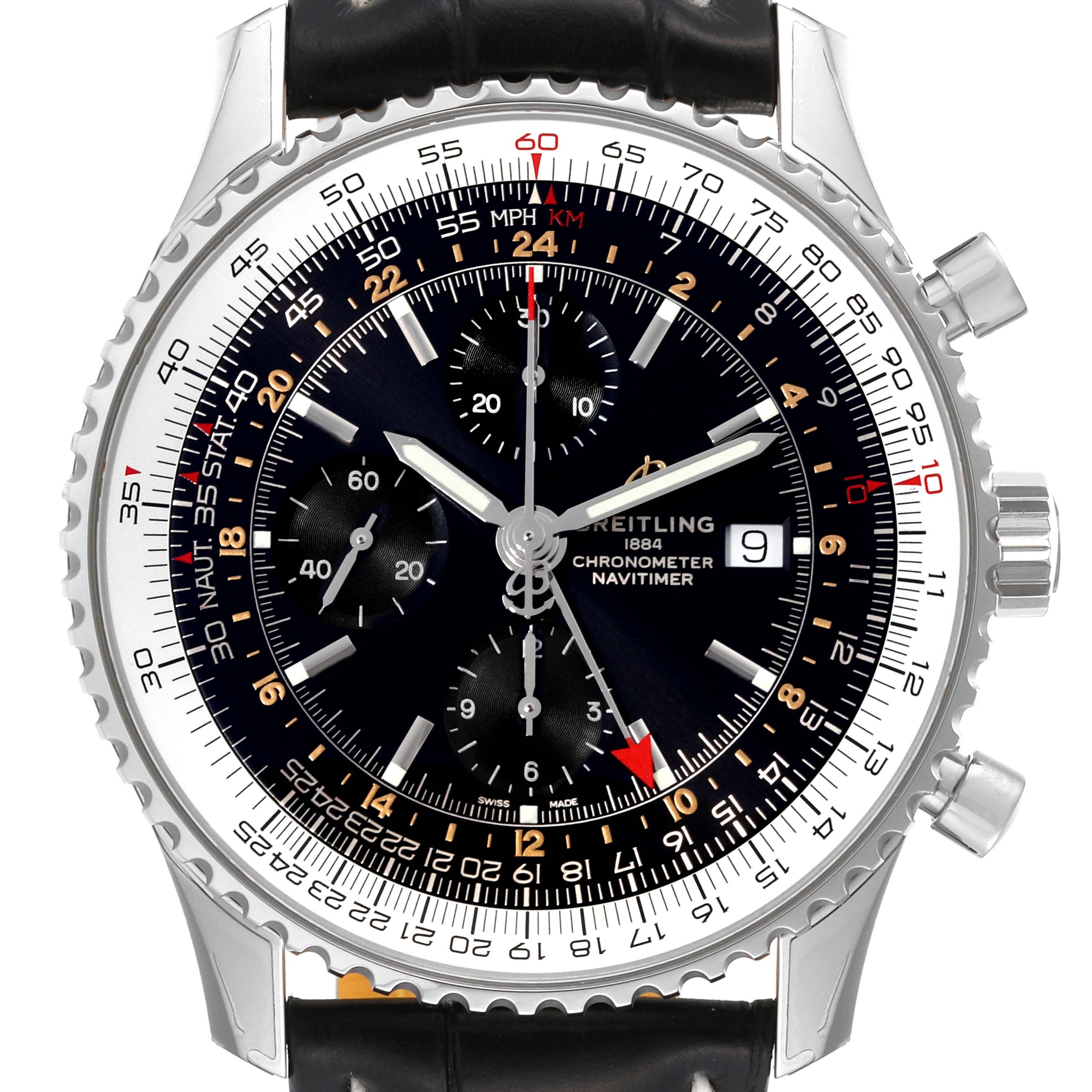 This image shows a Breitling Navitimer A24322 Men's Stainless Steel Black Dial A24322 Men's Stainless Steel Black Dial watch face from a straight-on angle, displaying its black dial, chronograph sub-dials, and date window.