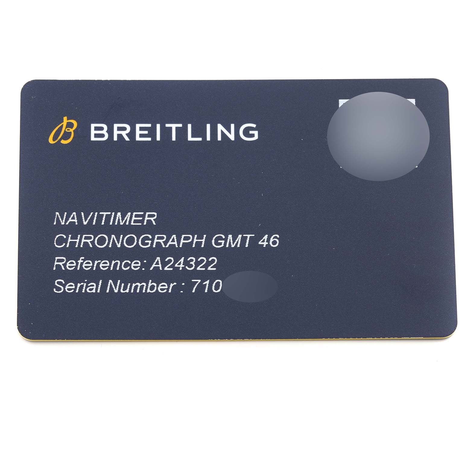 The image shows an identification or warranty card for the Breitling Navitimer A24322 Men's Stainless Steel Black Dial A24322 Men's Stainless Steel Black Dial Chronograph GMT 46, displaying the reference and serial numbers.